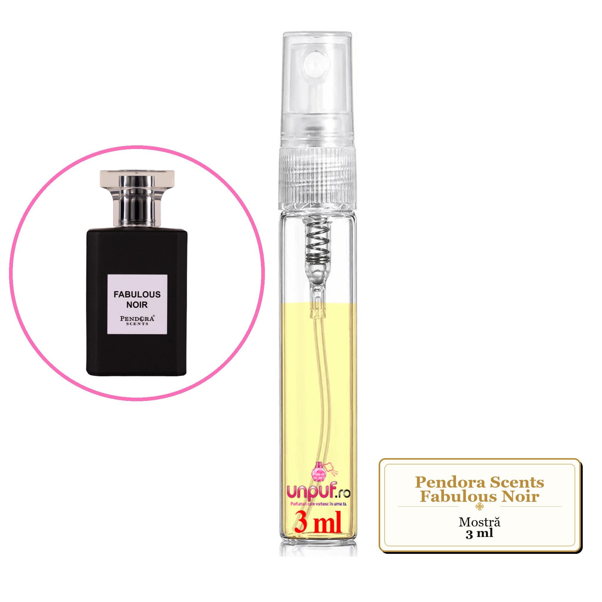 Mostra fiola din Parfumul Pendora Scents Fabulous Noir, decant sticla cu pulverizator