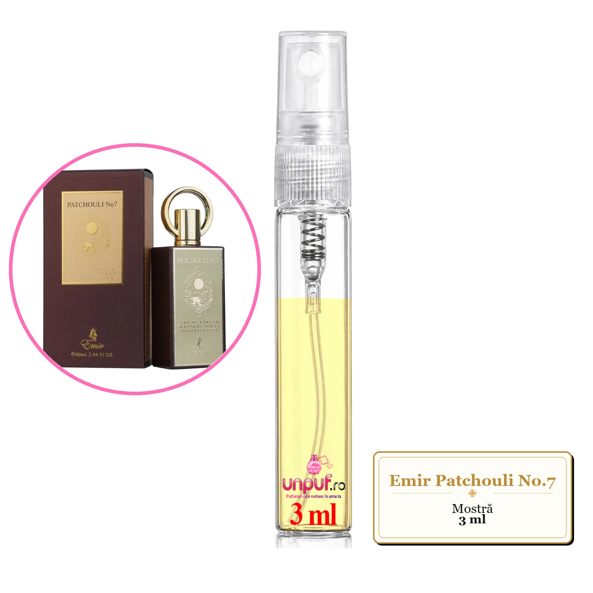 Mostra fiola din Parfumul Emir Patchouli No.7, decant sticla cu pulverizator 