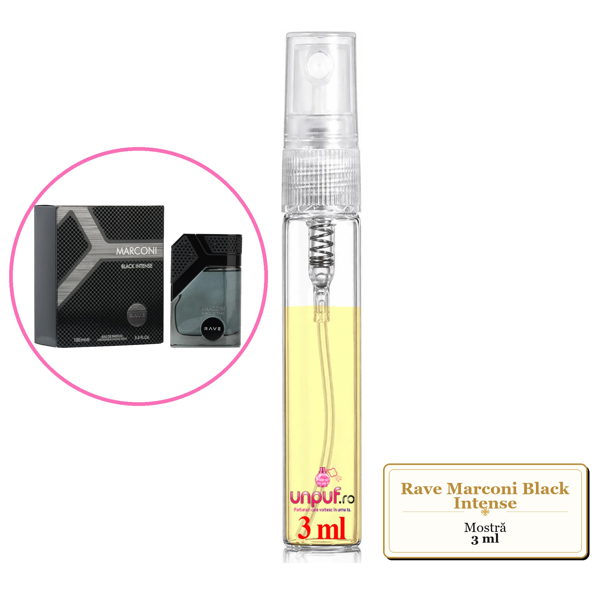 Mostra fiola din Parfumul Rave Marconi Black Intense, decant sticla cu pulverizator 