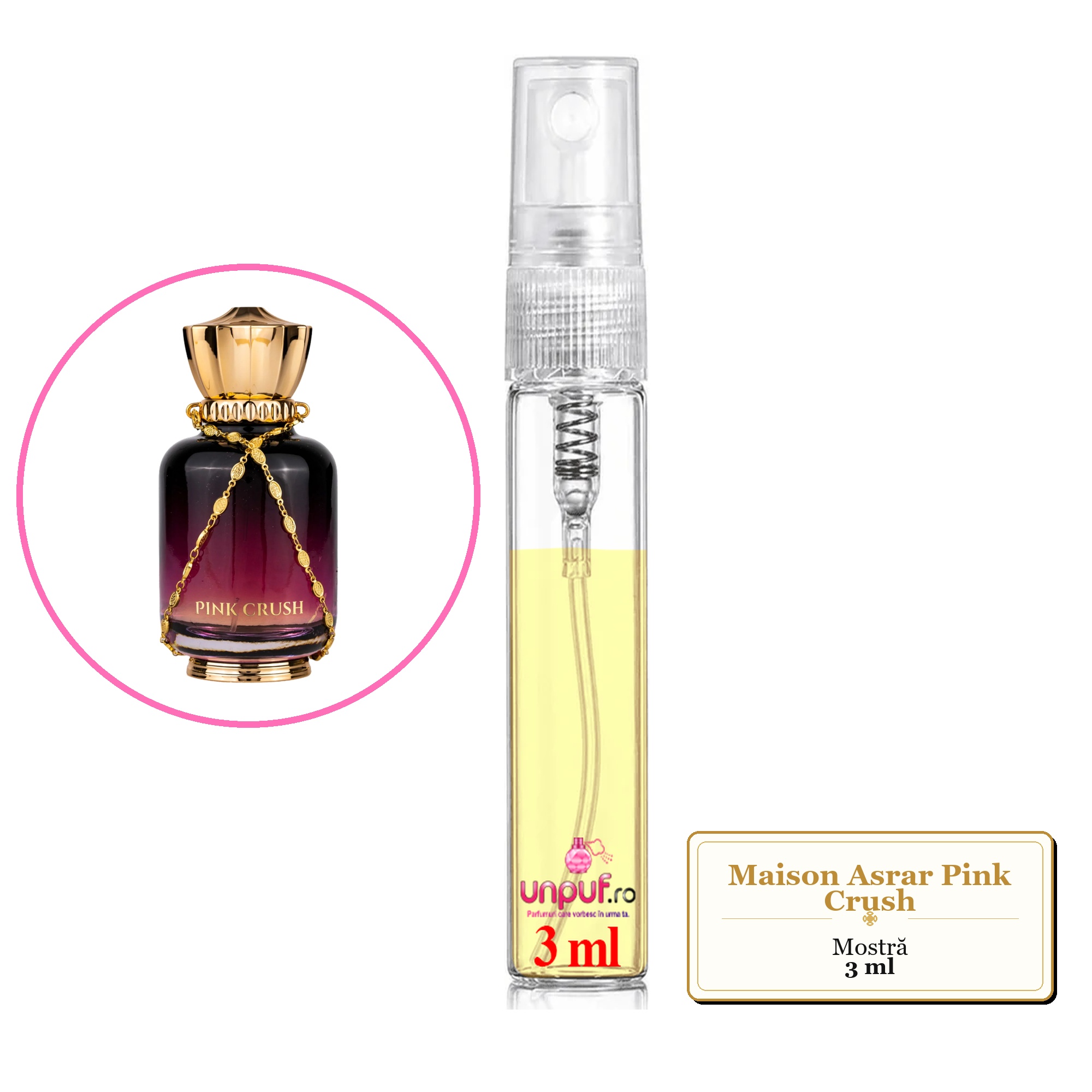 Mostra fiola din Parfumul Maison Asrar Pink Crush, decant sticla cu pulverizator 
