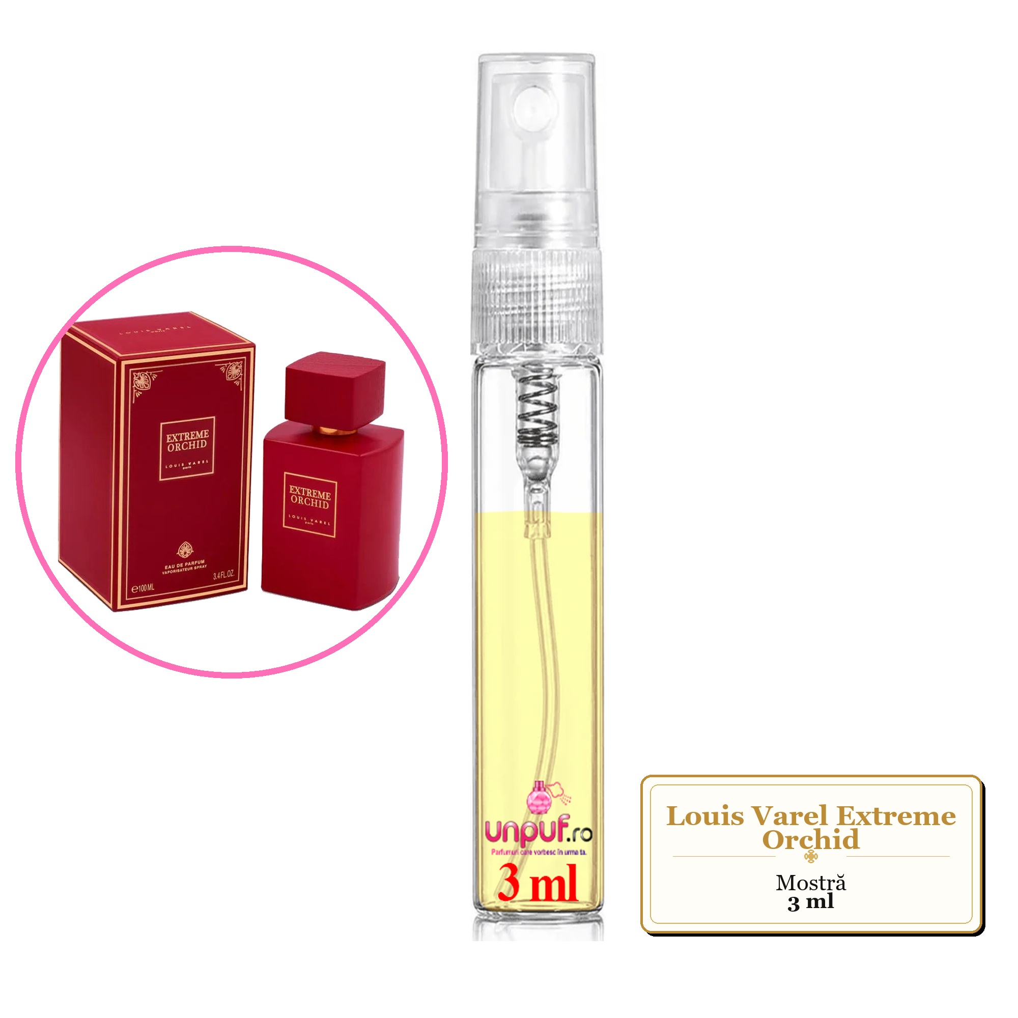 Mostra fiola din Parfumul Louis Varel Extreme Orchid, decant sticla cu pulverizator 