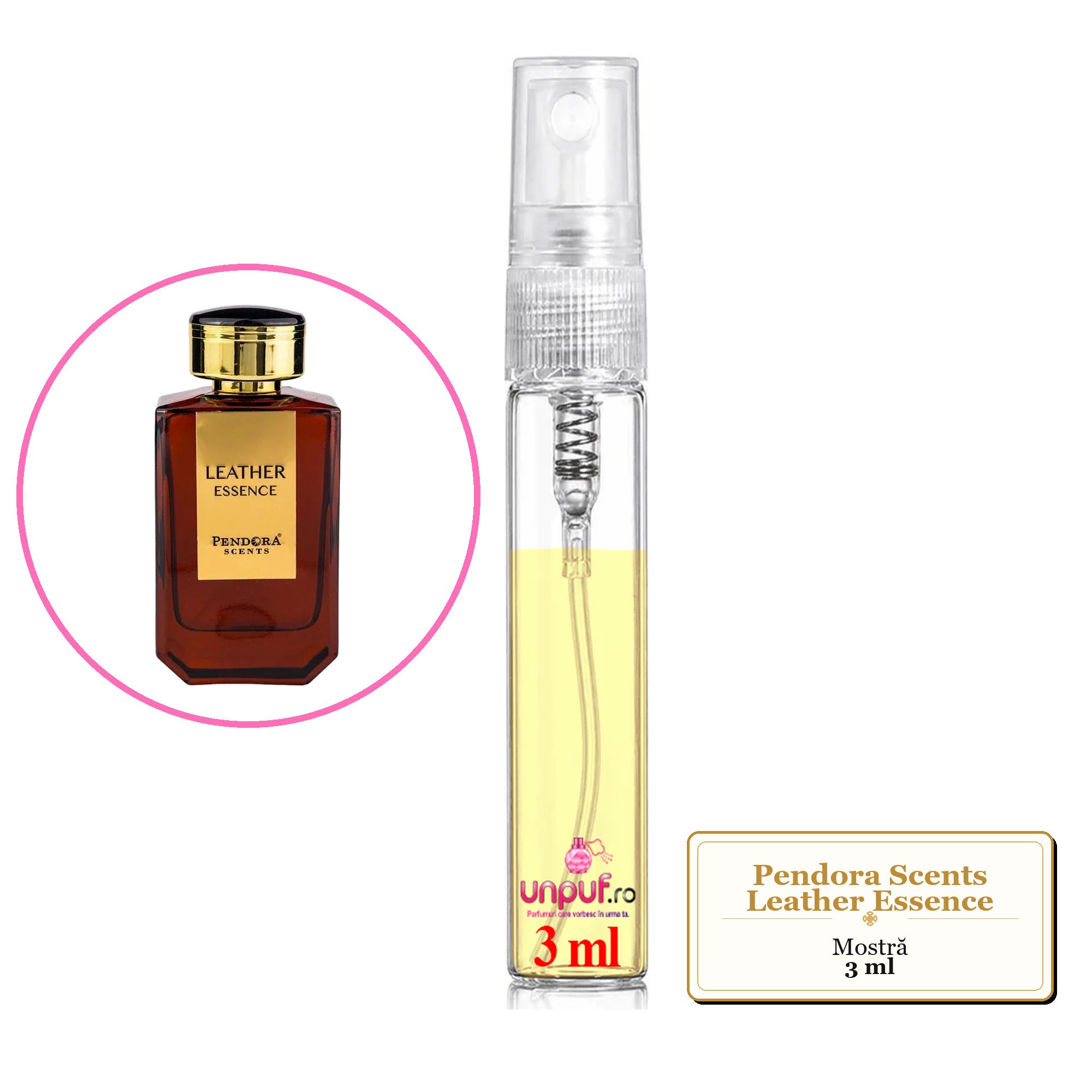 Mostra fiola din Parfumul Pendora Scents Leather Essence, decant sticla cu pulverizator