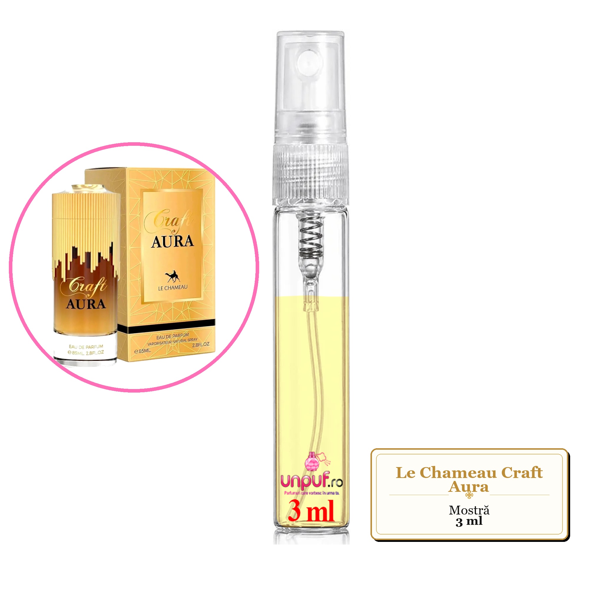 Mostra fiola din Parfumul Le Chameau Craft Aura, decant sticla cu pulverizator 