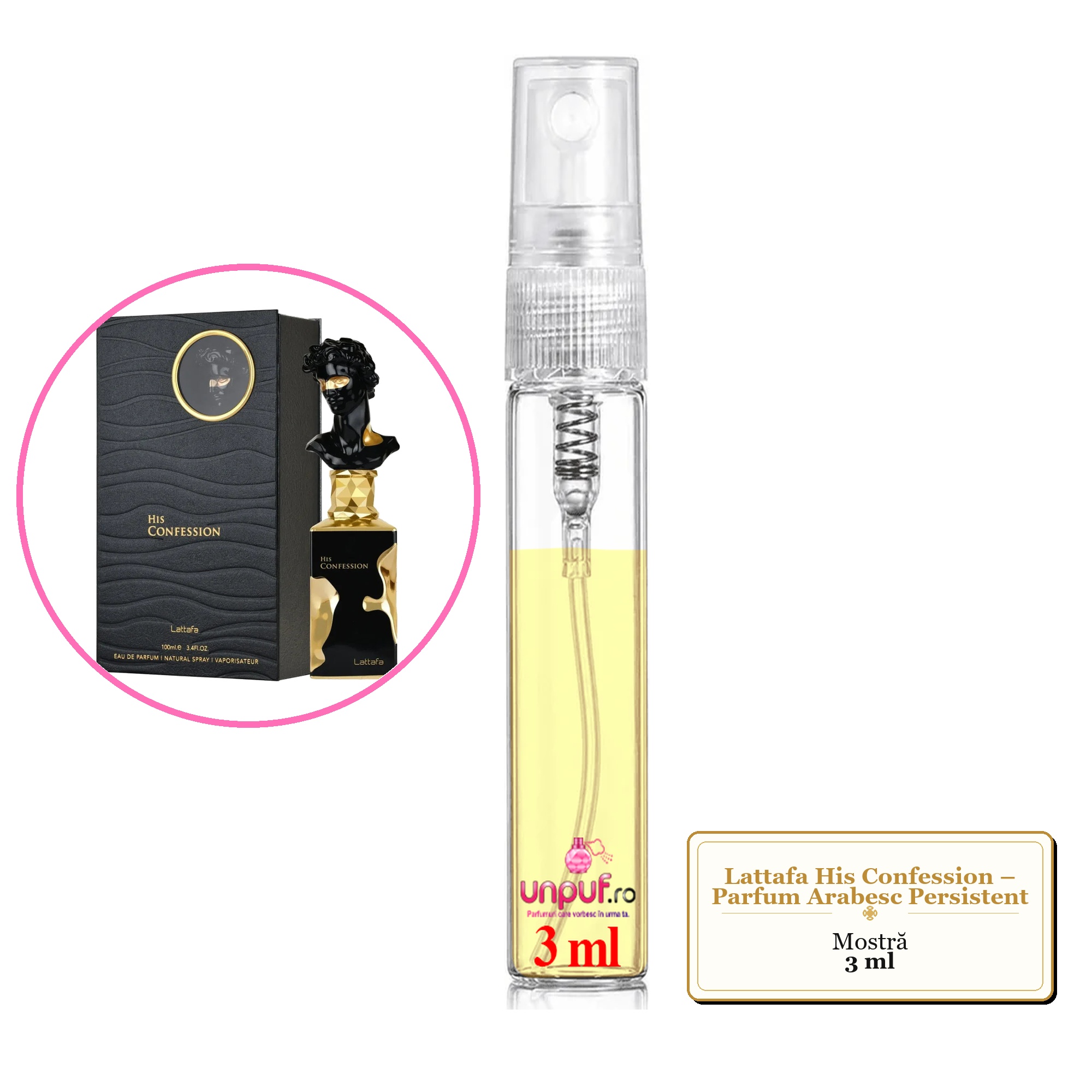 Mostra fiola din Parfumul Lattafa His Confession – Parfum Arabesc Persistent, decant sticla cu pulverizator