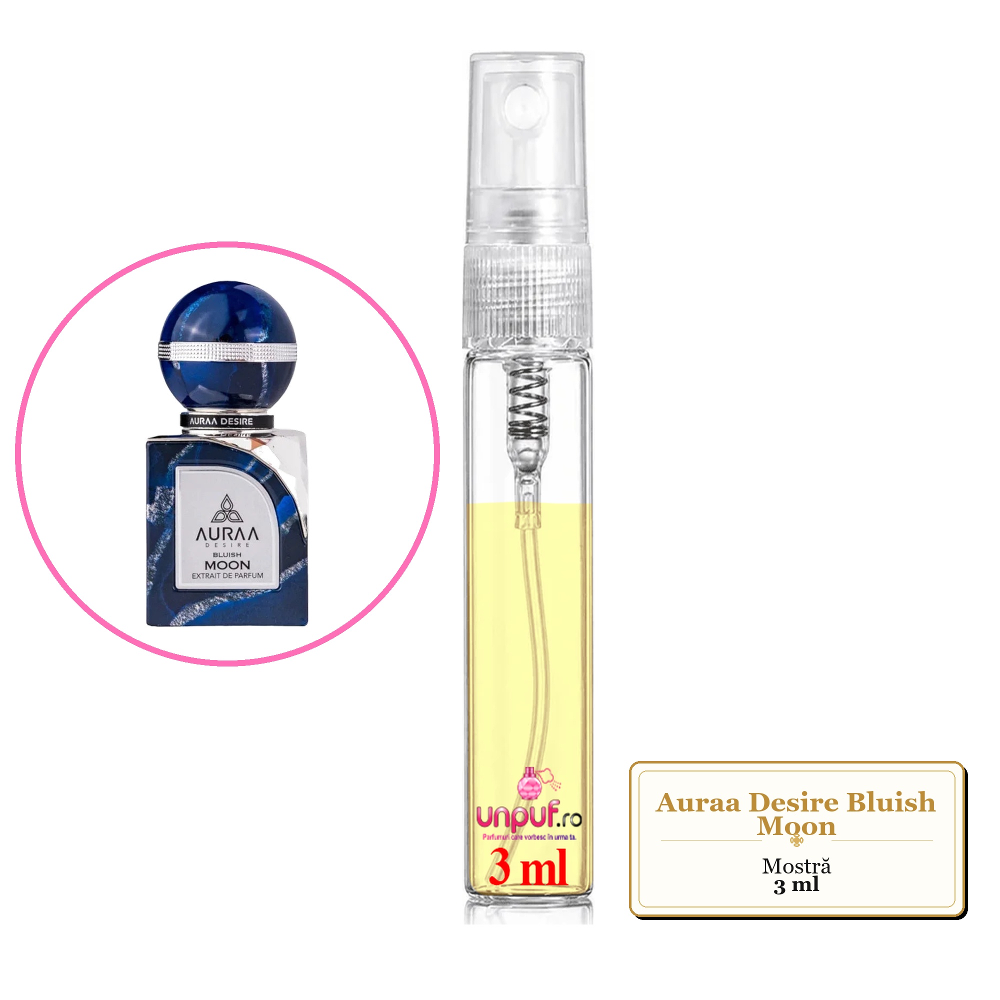 Mostra fiola din Parfumul Auraa Desire Bluish Moon, decant sticla cu pulverizator 