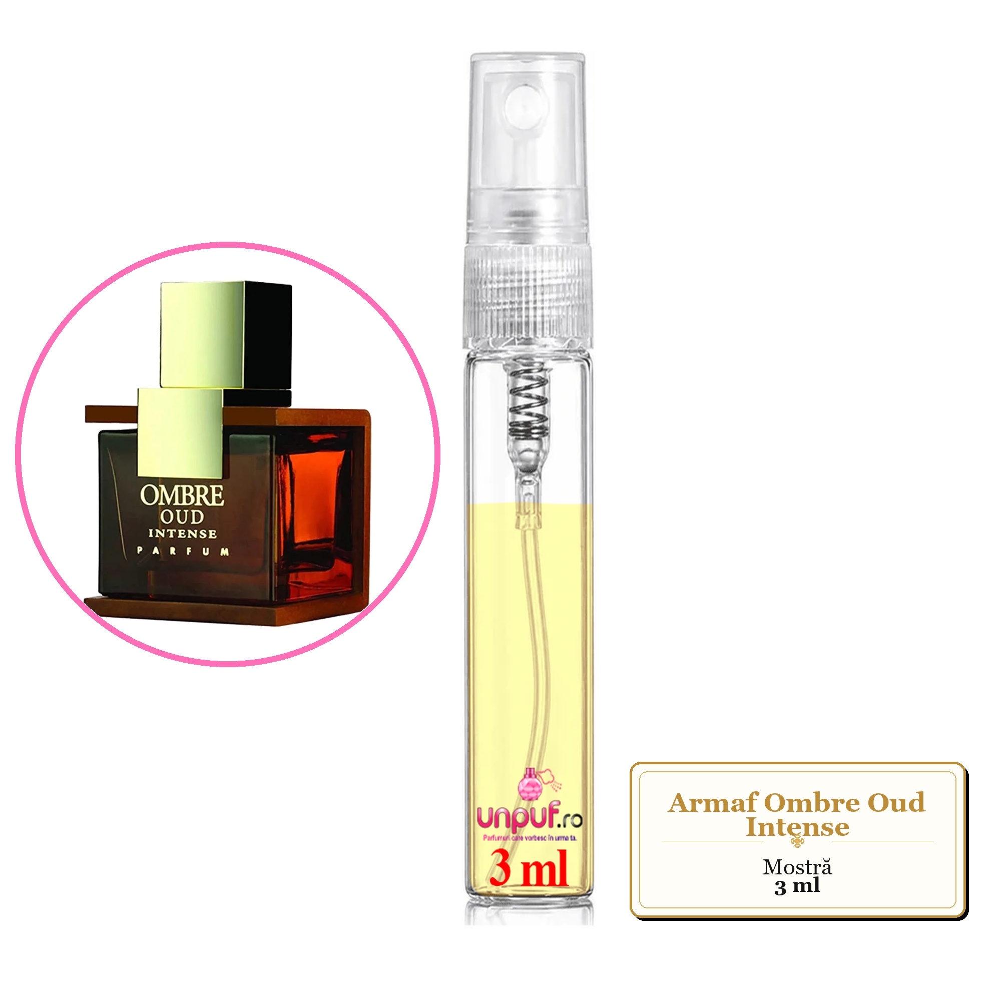 Mostra fiola din Parfumul Armaf Ombre Oud Intense, decant sticla cu pulverizator