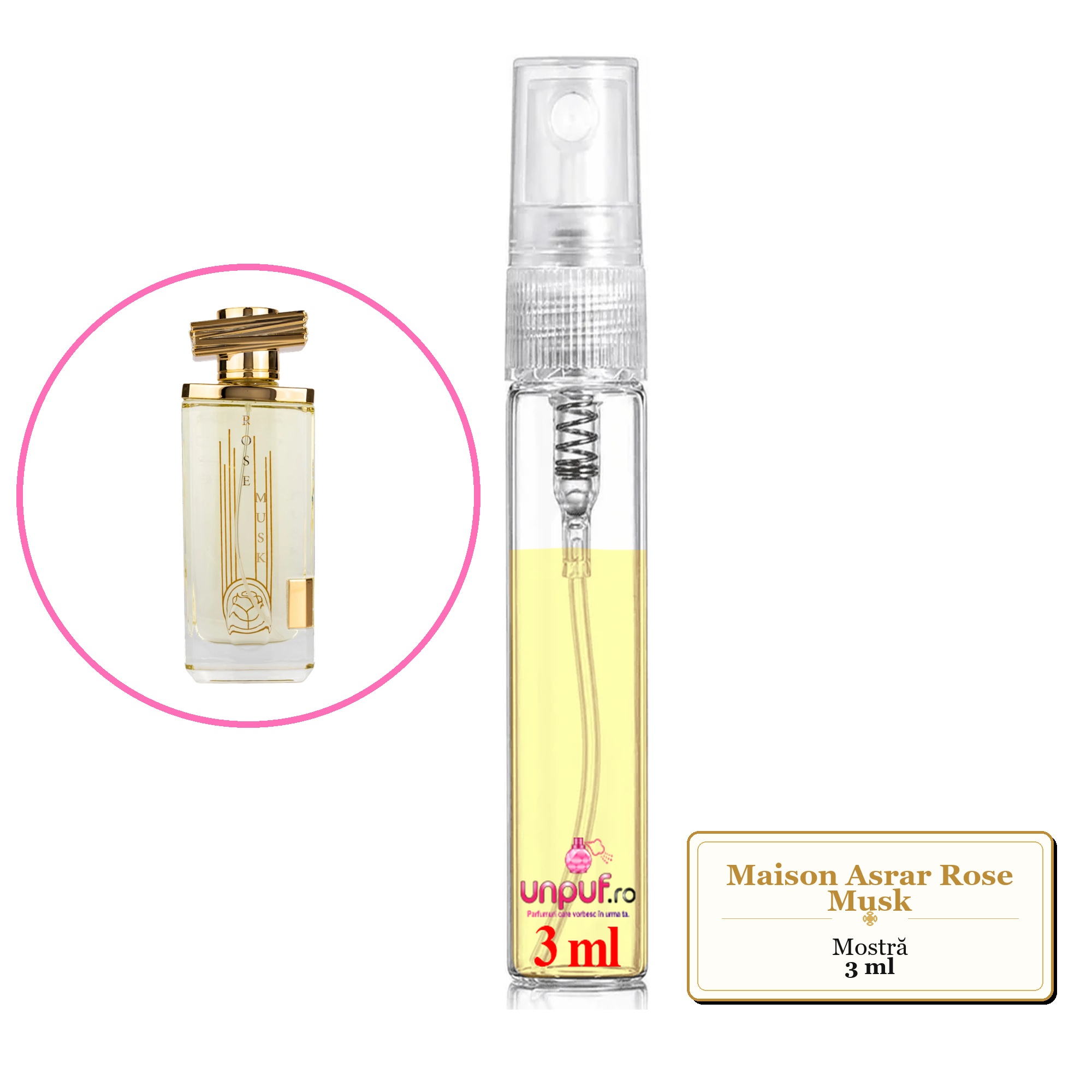 Mostra fiola din Parfumul Maison Asrar Rose Musk, decant sticla cu pulverizator