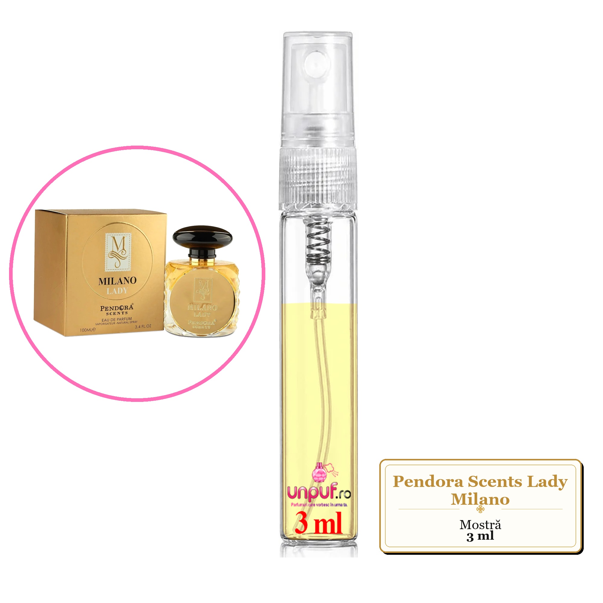 Mostra fiola din Parfumul Pendora Scents Lady Milano, decant sticla cu pulverizator 