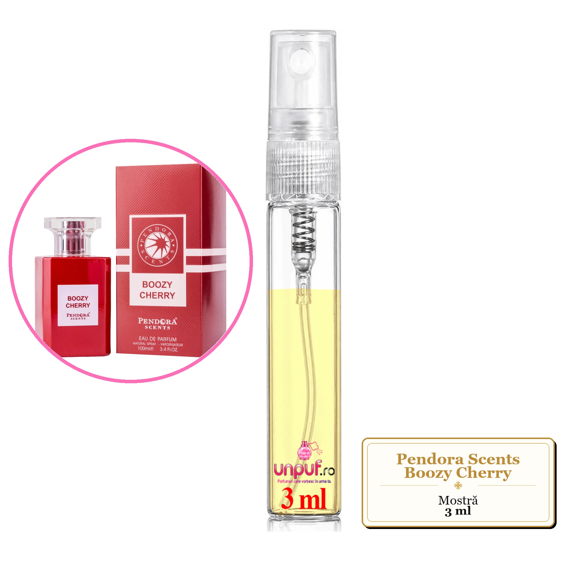 Mostra fiola din Parfumul Pendora Scents Boozy Cherry, decant sticla cu pulverizator