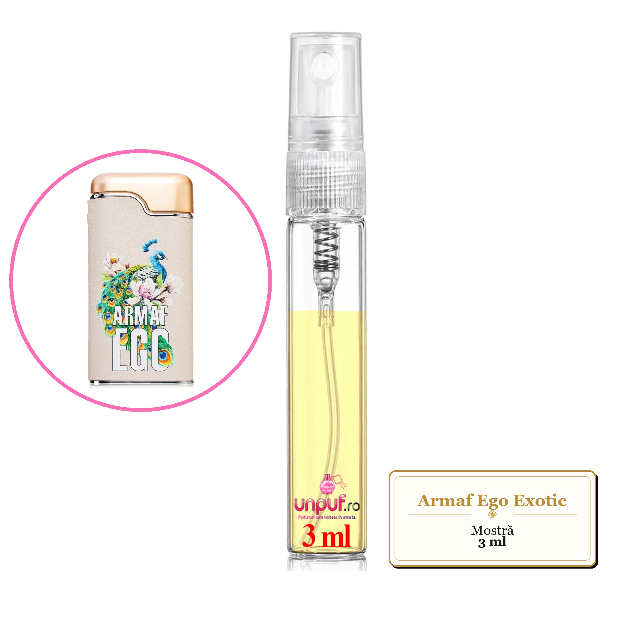 Mostra fiola din Parfumul Armaf Ego Exotic, decant sticla cu pulverizator 