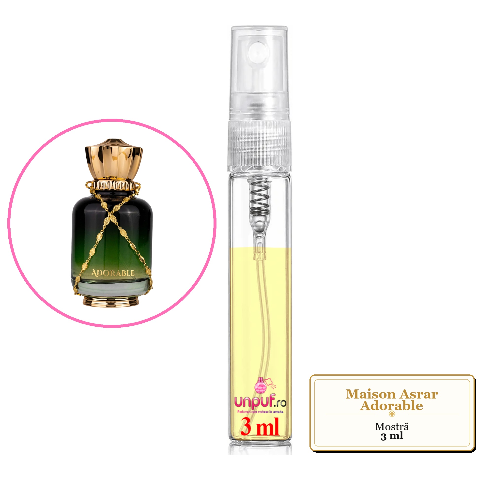 Mostra fiola din Parfumul Maison Asrar Adorable, decant sticla cu pulverizator