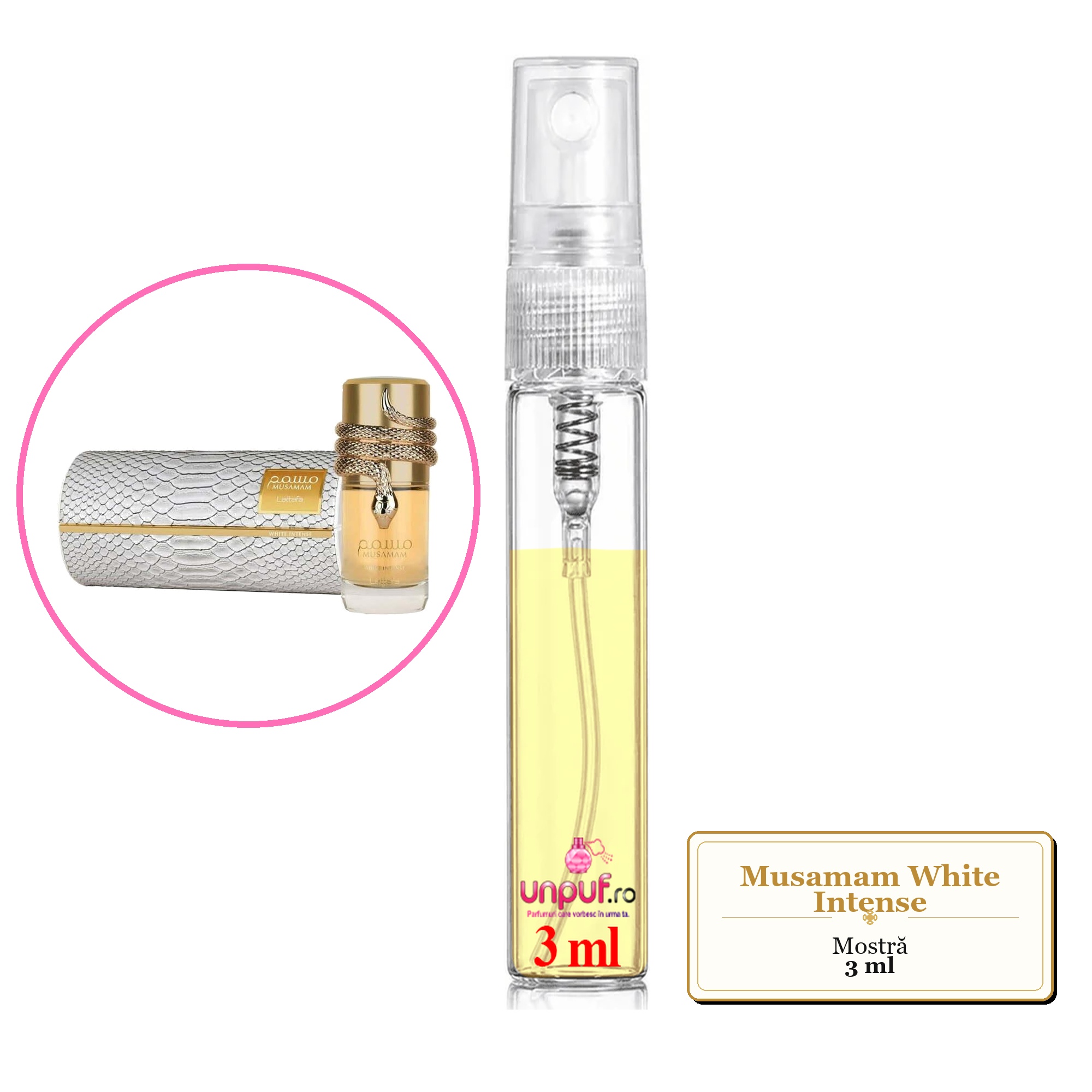 Mostra fiola din Parfumul Musamam White Intense, decant sticla cu pulverizator 