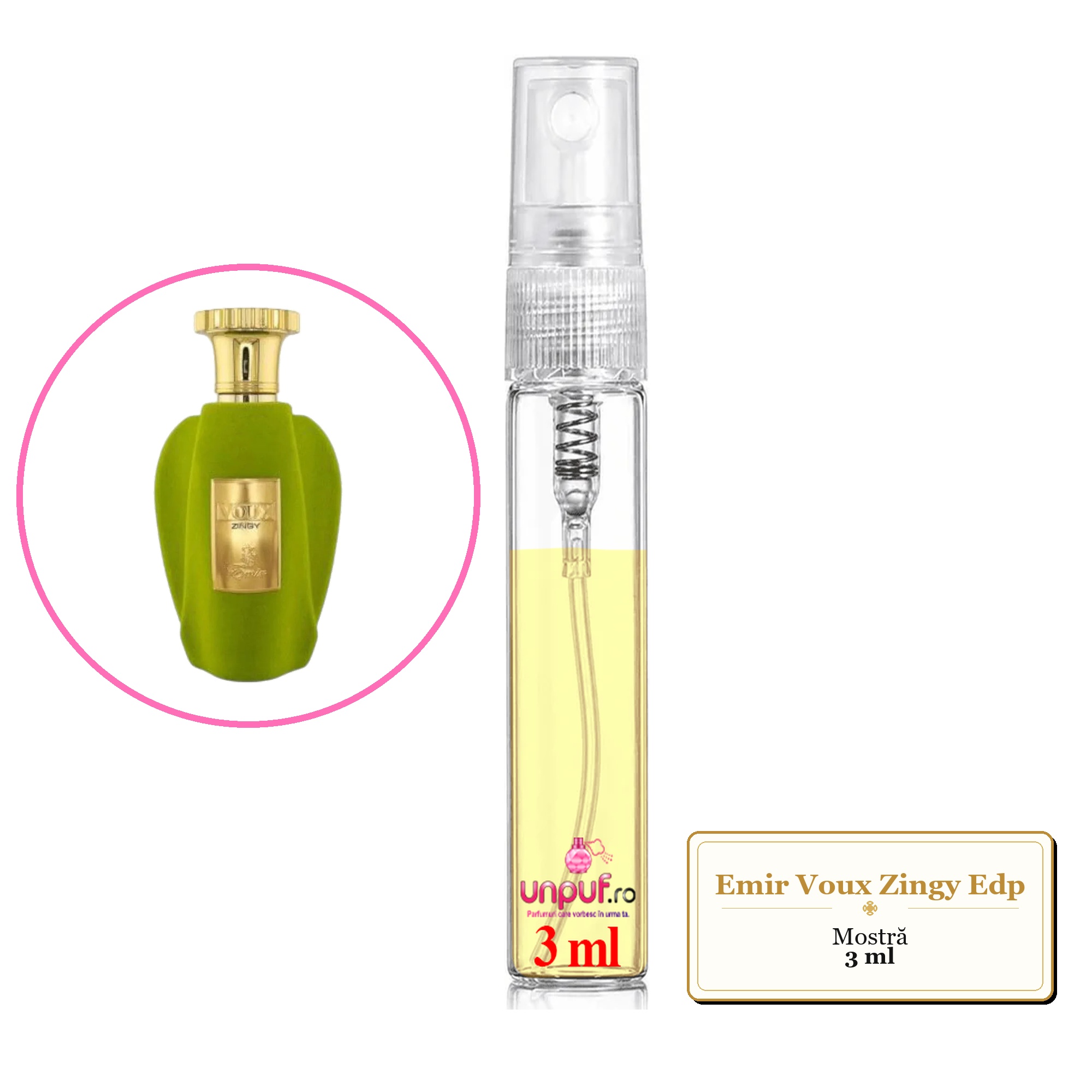 Mostra fiola din Parfumul Emir Voux Zingy Edp, decant sticla cu pulverizator 