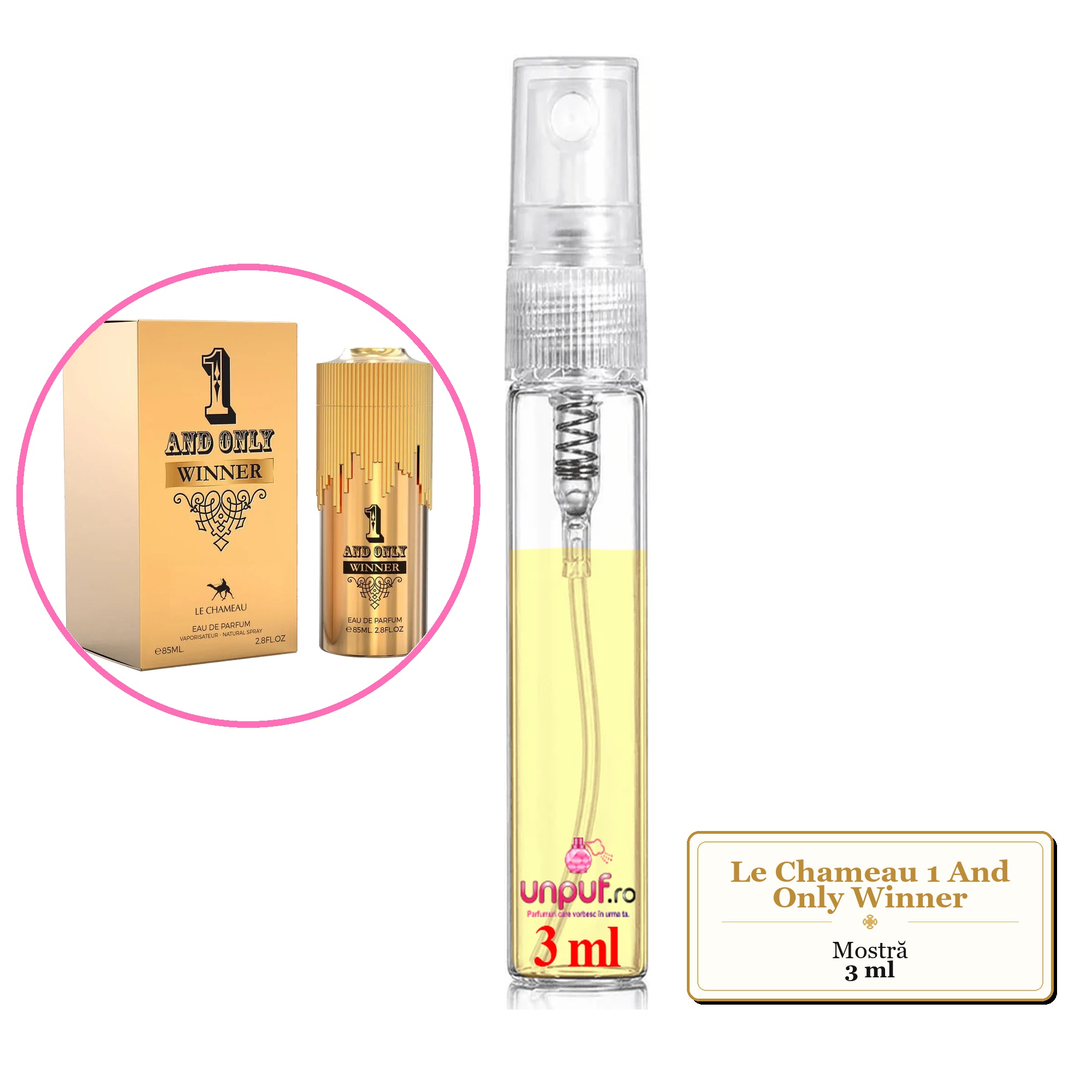 Mostra fiola din Parfumul Le Chameau 1 And Only Winner, decant sticla cu pulverizator