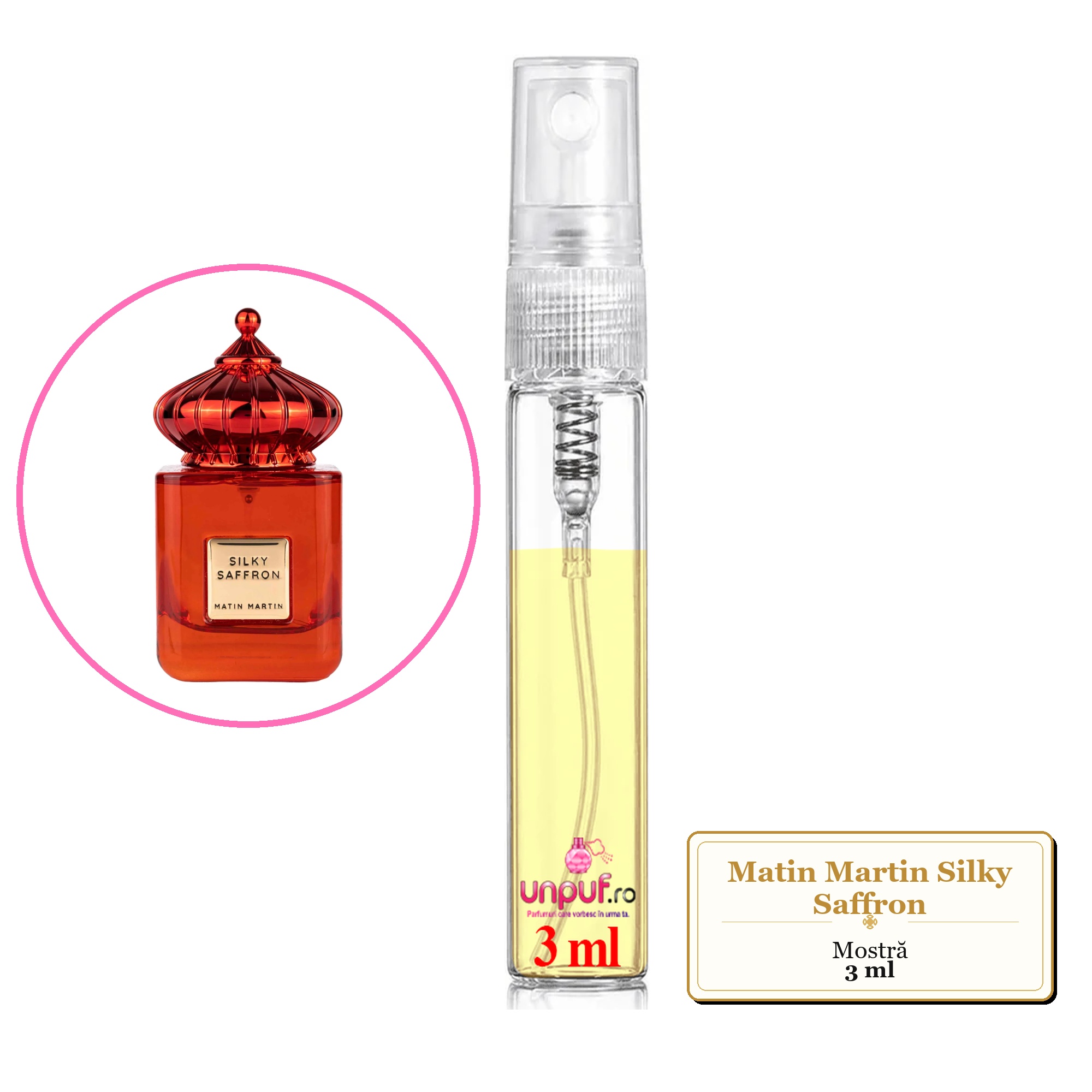Mostra fiola din Parfumul Matin Martin Silky Saffron, decant sticla cu pulverizator 