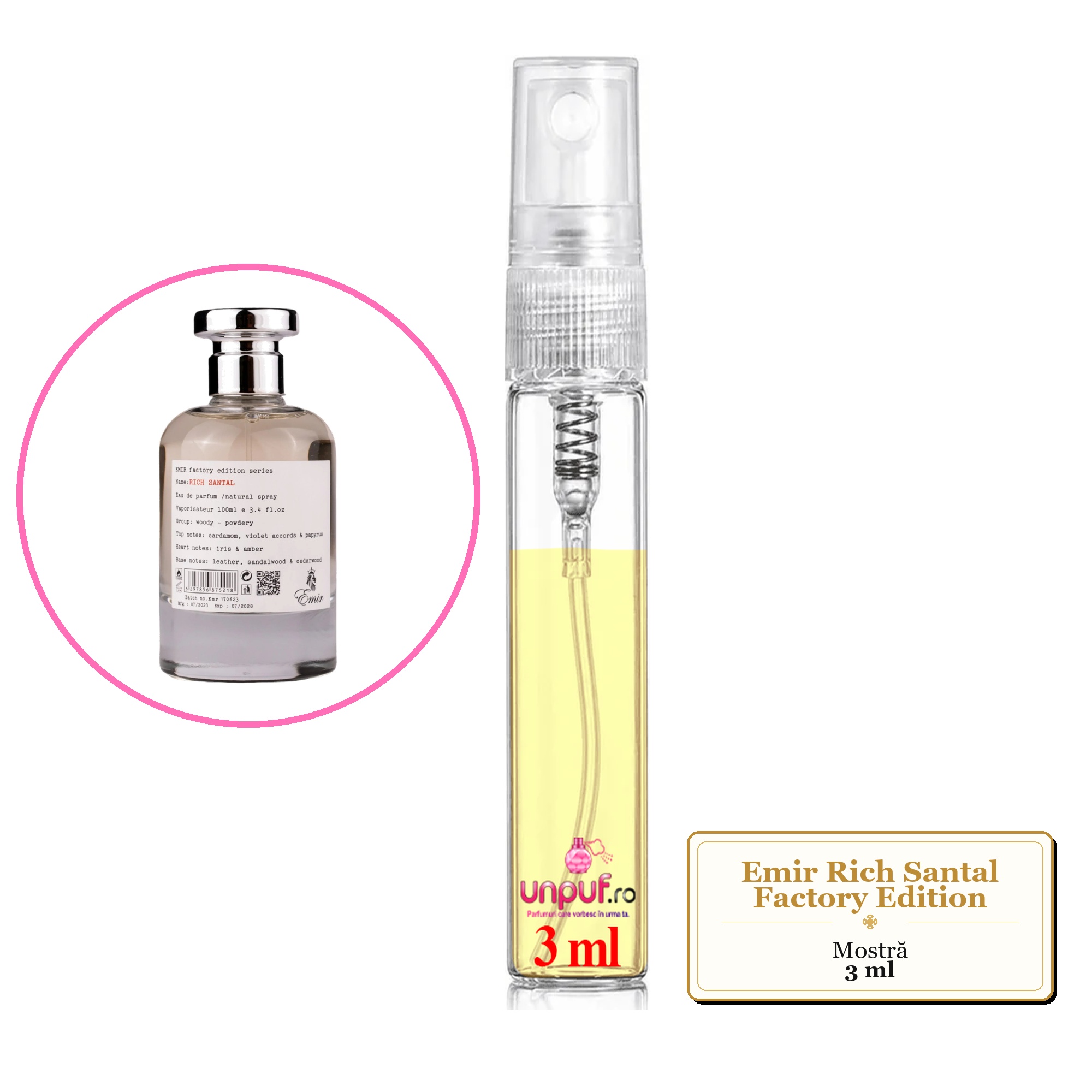 Mostra fiola din Parfumul Emir Rich Santal Factory Edition, decant sticla cu pulverizator 
