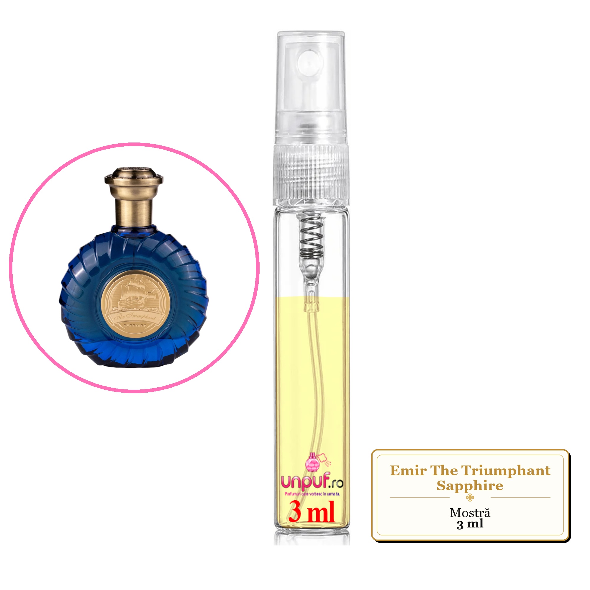 Mostra fiola din Parfumul Emir The Triumphant Sapphire, decant sticla cu pulverizator 