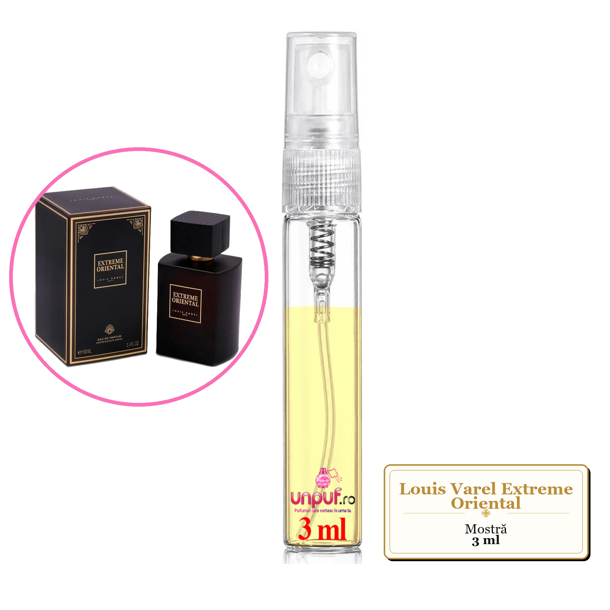 Mostra fiola din Parfumul Louis Varel Extreme Oriental, decant sticla cu pulverizator