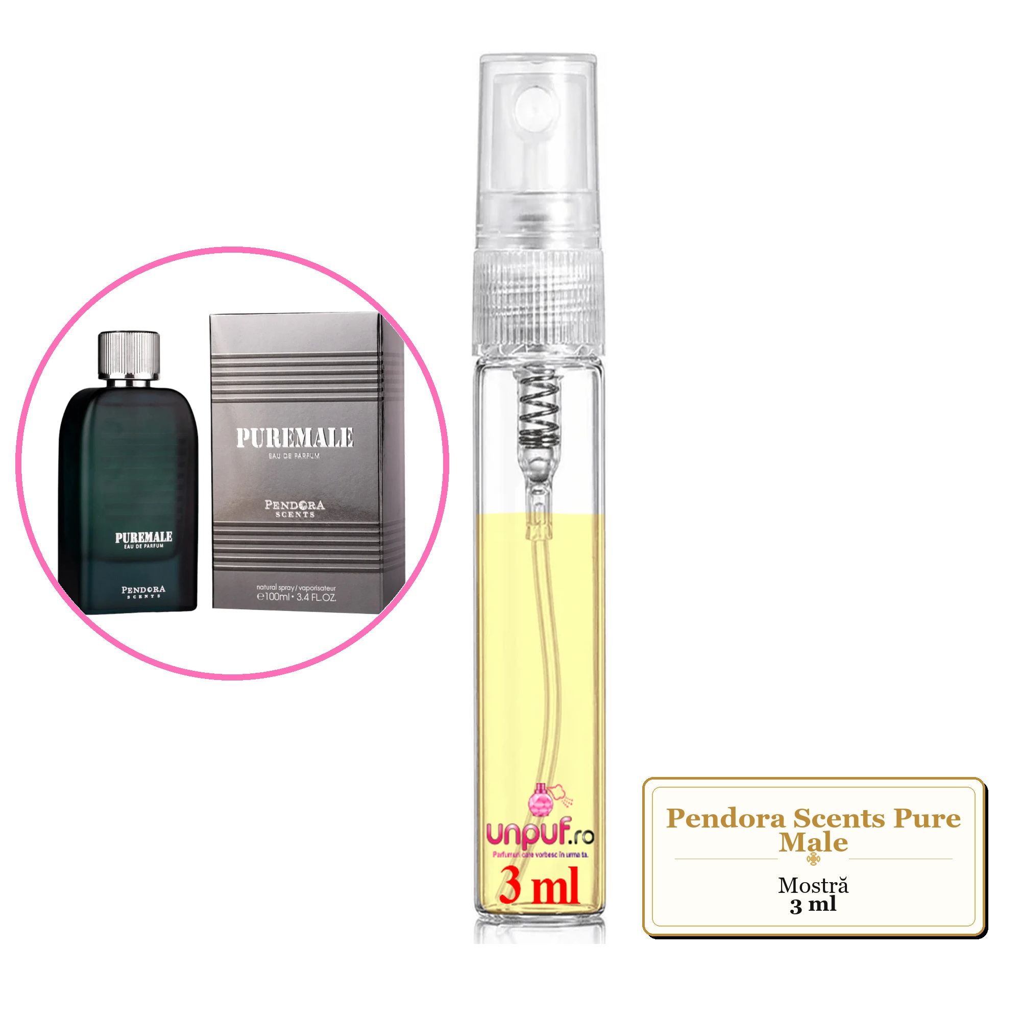Mostra fiola din Parfumul Pendora Scents Pure Male, decant sticla cu pulverizator