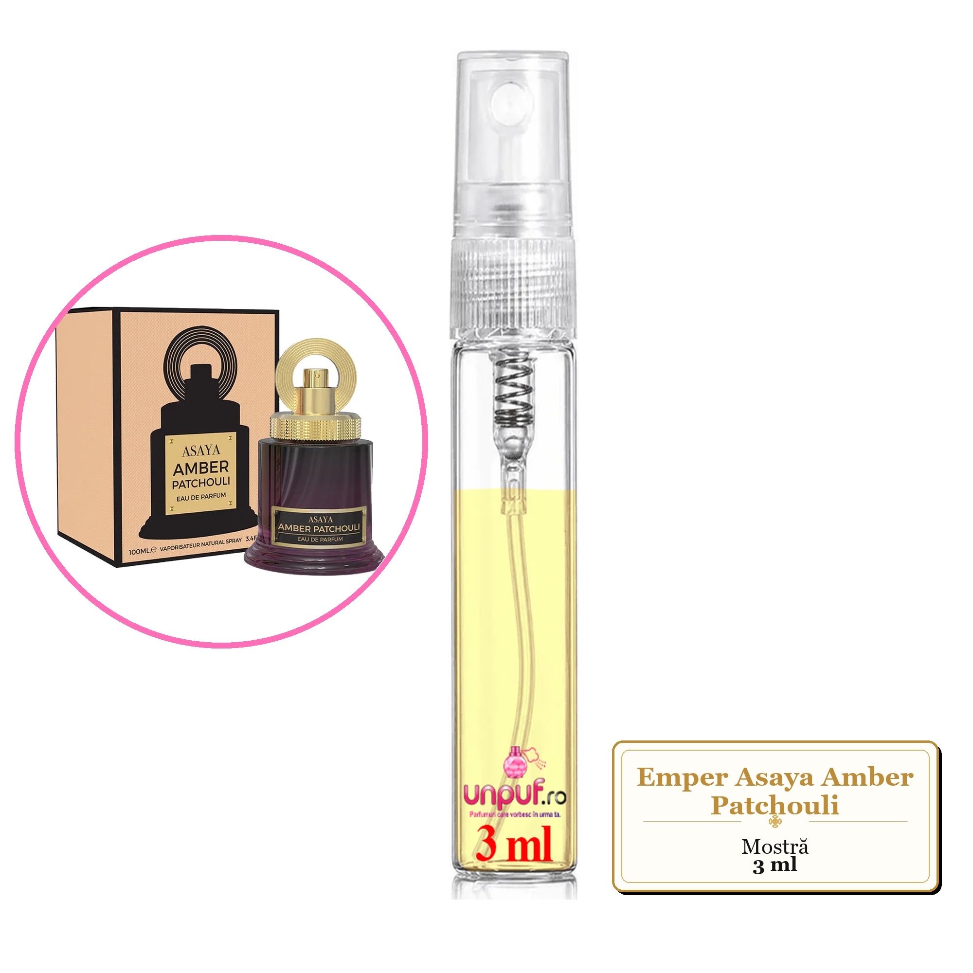Mostra fiola din Parfumul Emper Asaya Amber Patchouli, decant sticla cu pulverizator