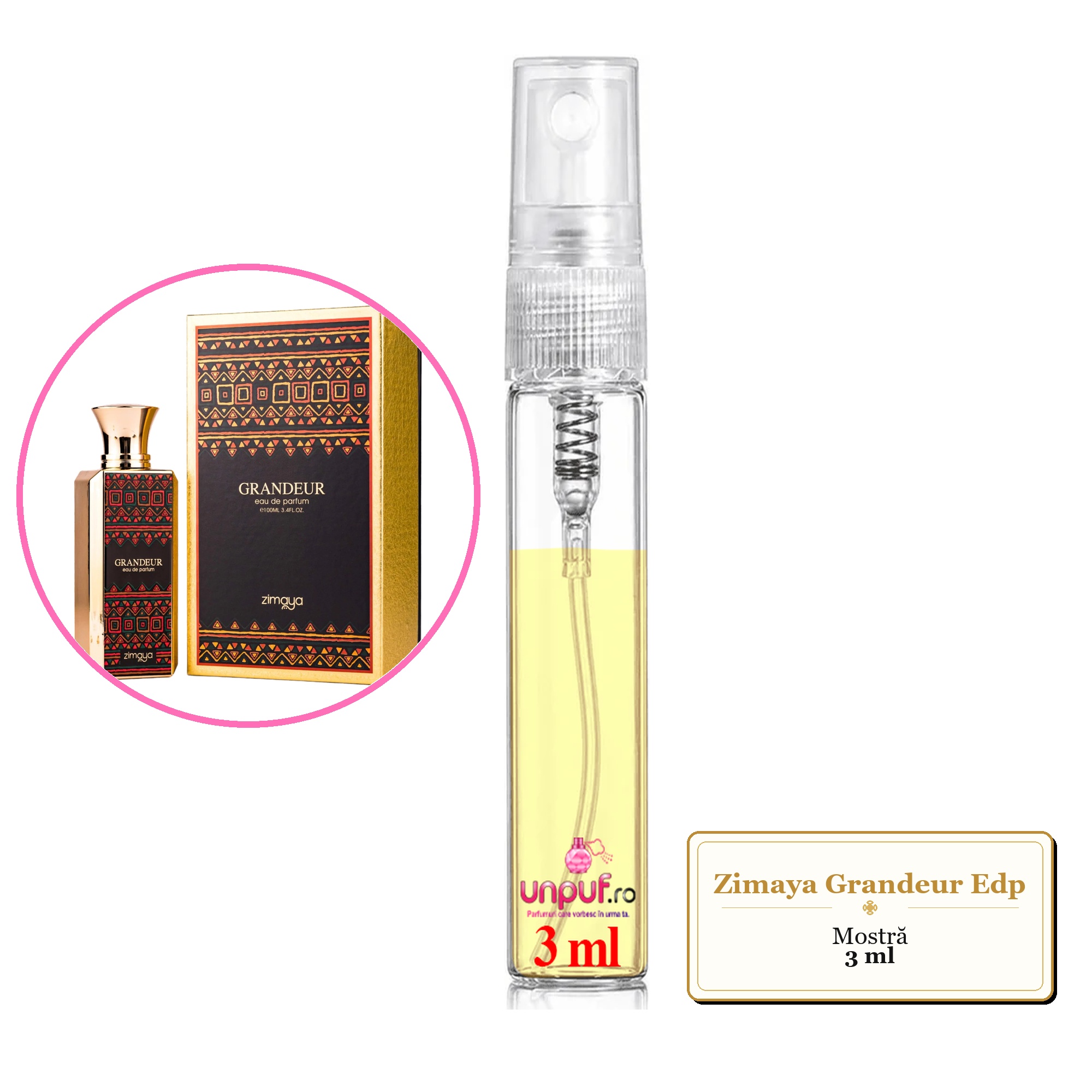 Mostra fiola din Parfumul Zimaya Grandeur Edp, decant sticla cu pulverizator 