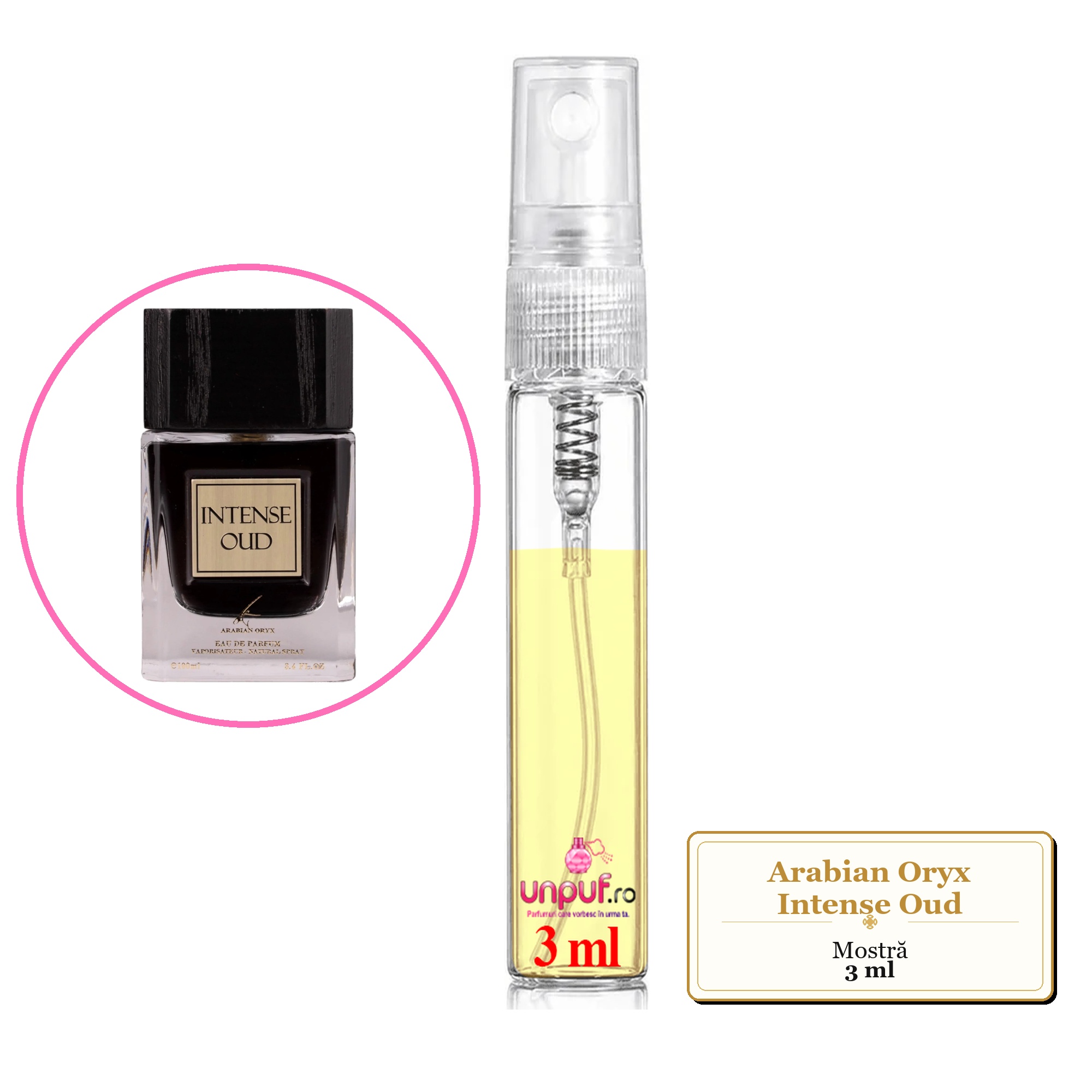 Mostra fiola din Parfumul Arabian Oryx Intense Oud, decant sticla cu pulverizator