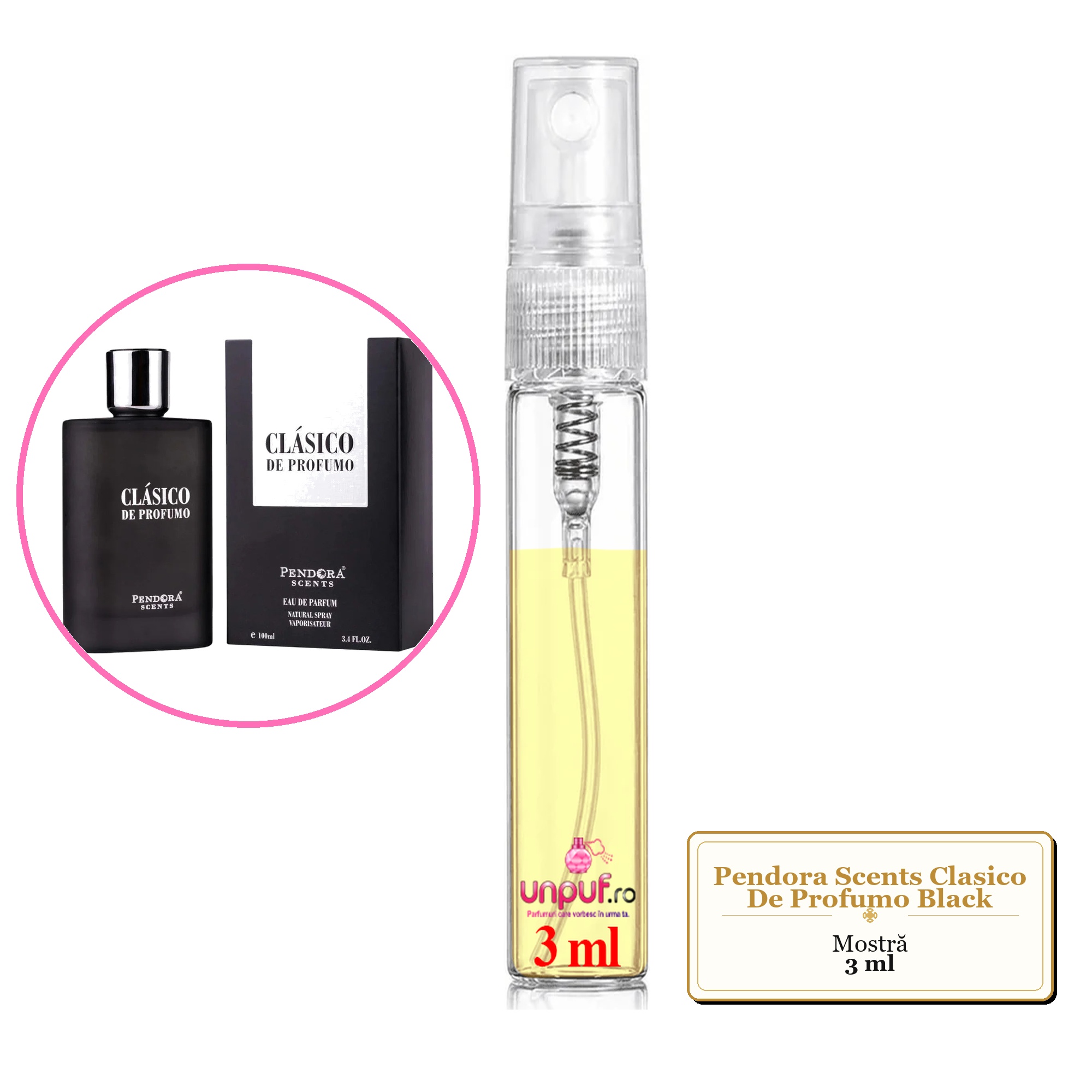 Mostra fiola din Parfumul Pendora Scents Clasico De Profumo Black, decant sticla cu pulverizator 