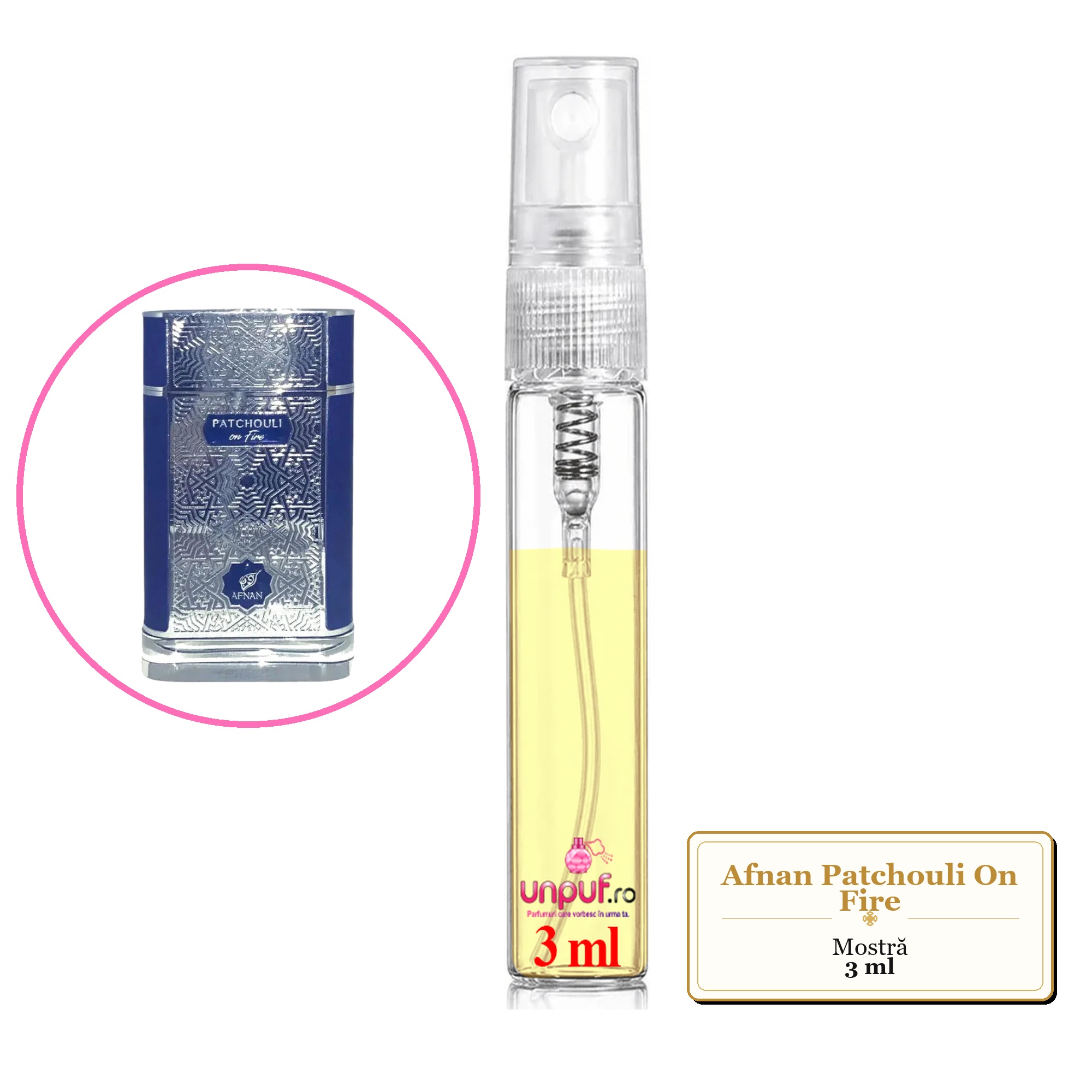 Mostra fiola din Parfumul Afnan Patchouli On Fire, decant sticla cu pulverizator 