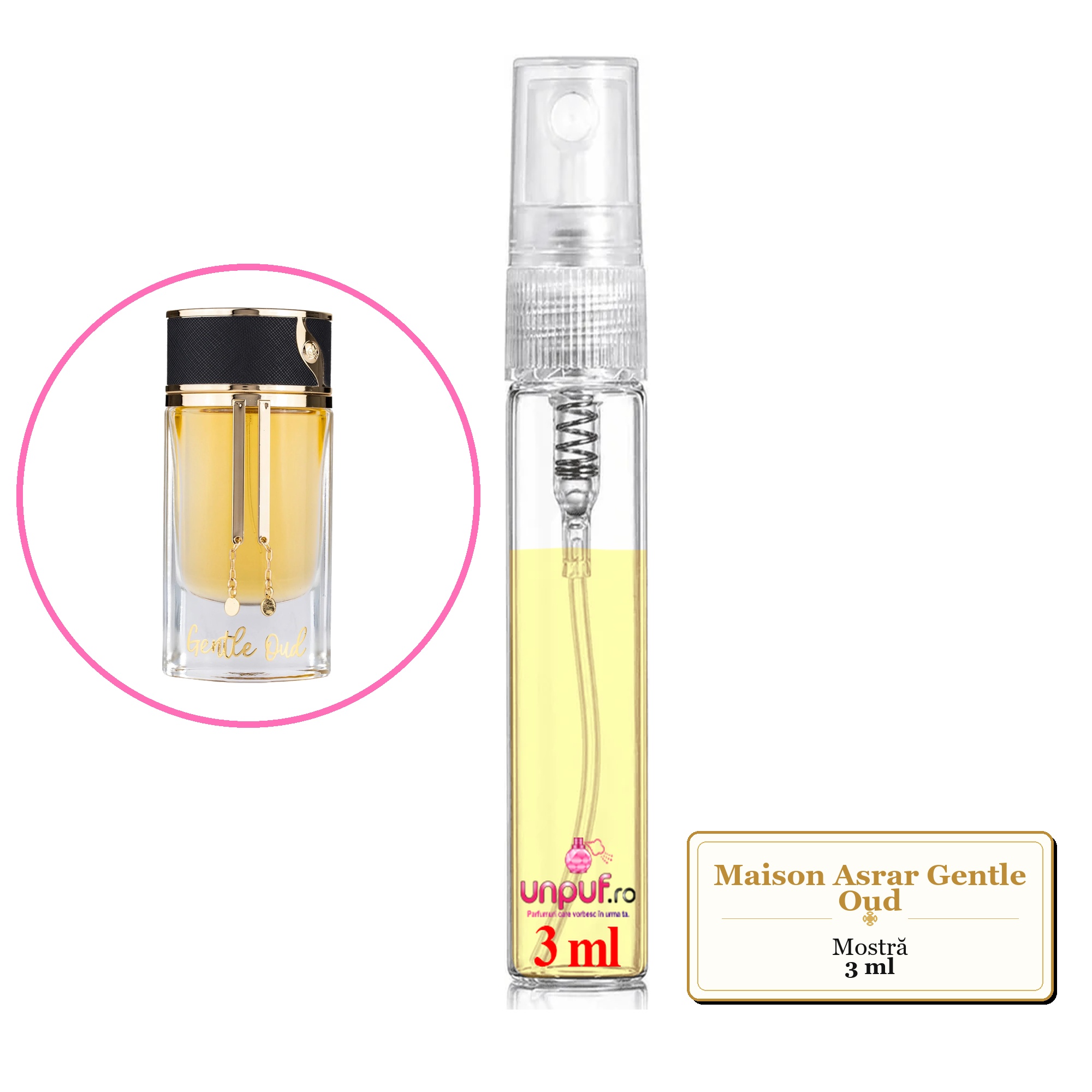 Mostra fiola din Parfumul Maison Asrar Gentle Oud, decant sticla cu pulverizator