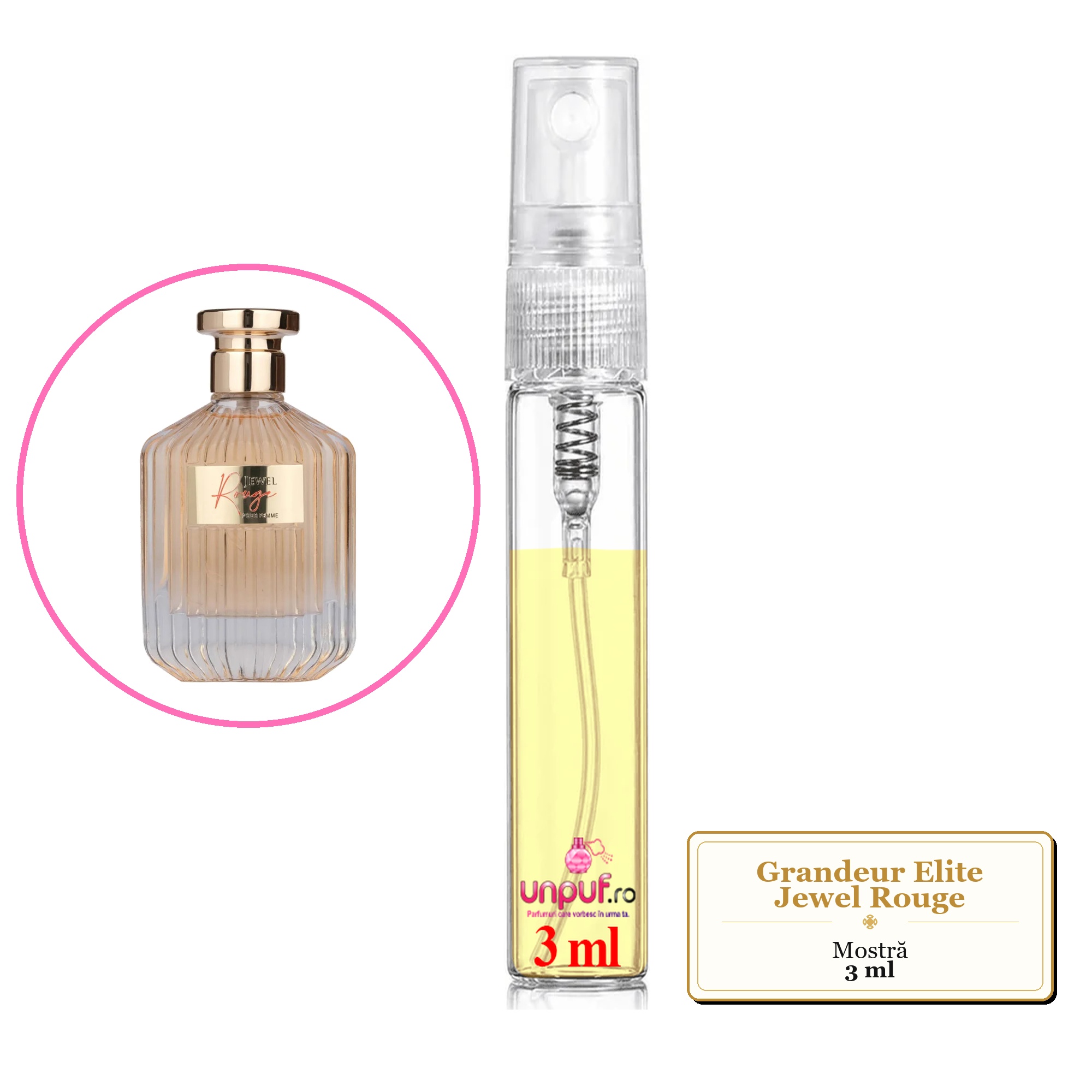 Mostra fiola din Parfumul Grandeur Elite Jewel Rouge, decant sticla cu pulverizator 