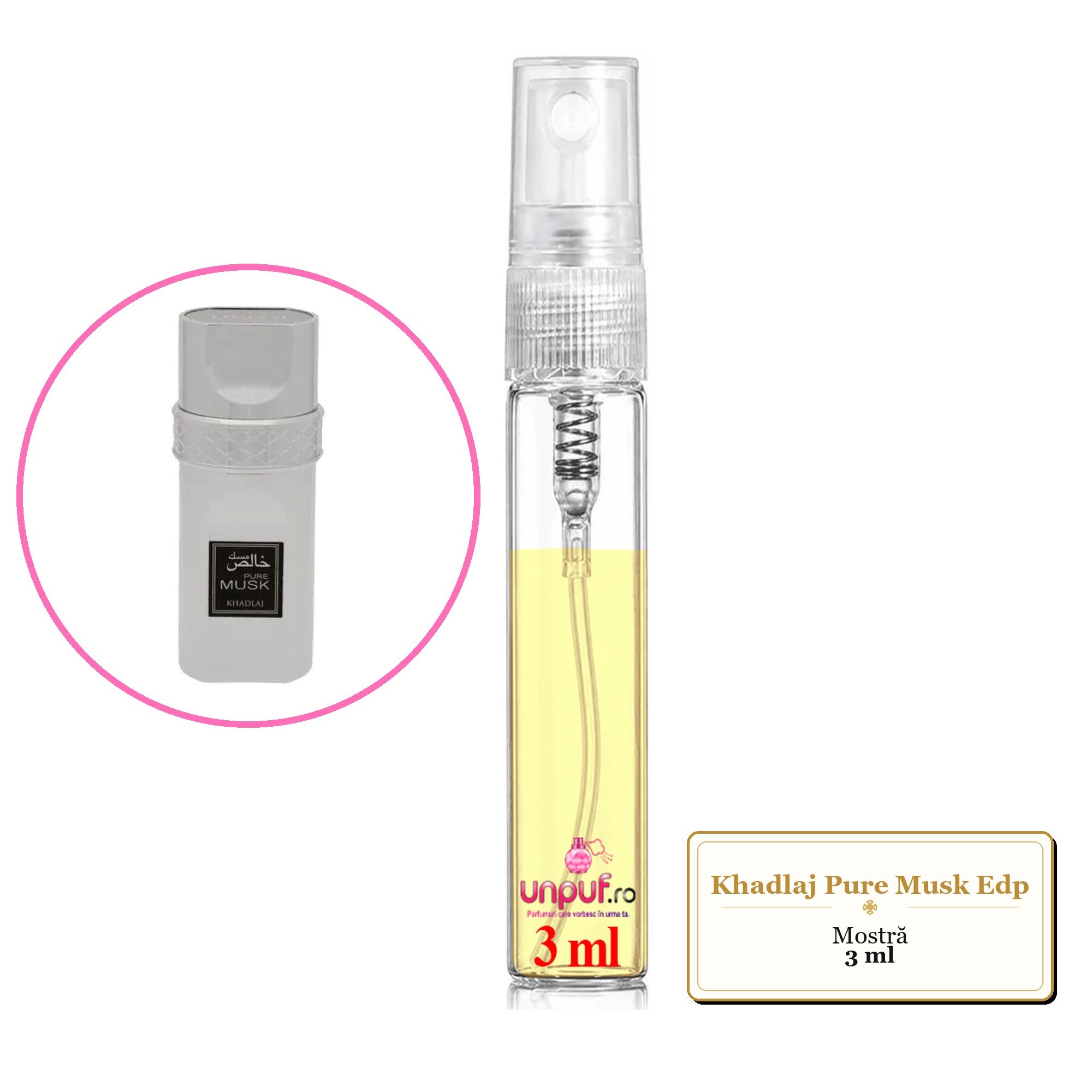 Mostra fiola din Parfumul Khadlaj Pure Musk Edp, decant sticla cu pulverizator