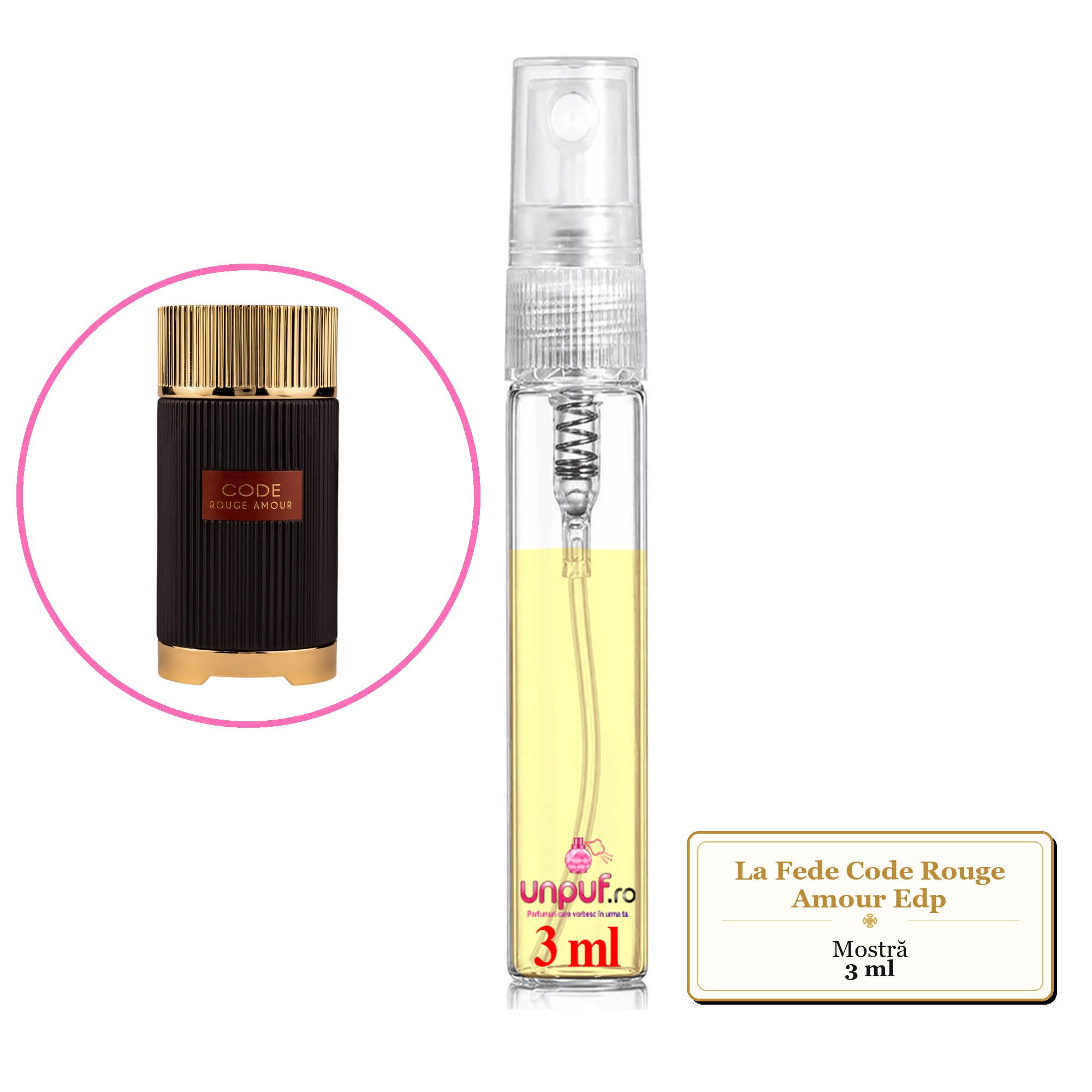 Mostra fiola din Parfumul La Fede Code Rouge Amour Edp, decant sticla cu pulverizator 