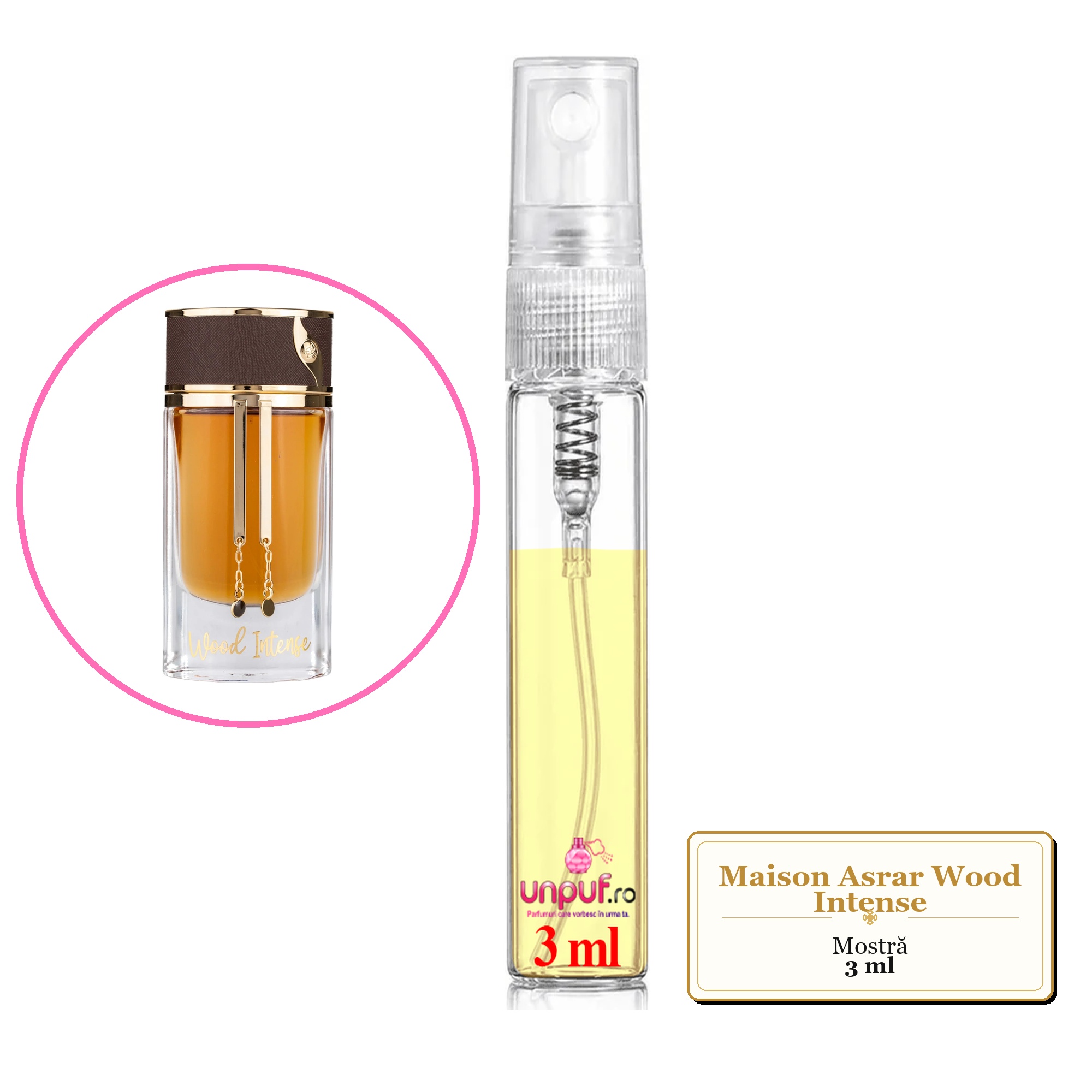Mostra fiola din Parfumul Maison Asrar Wood Intense, decant sticla cu pulverizator 