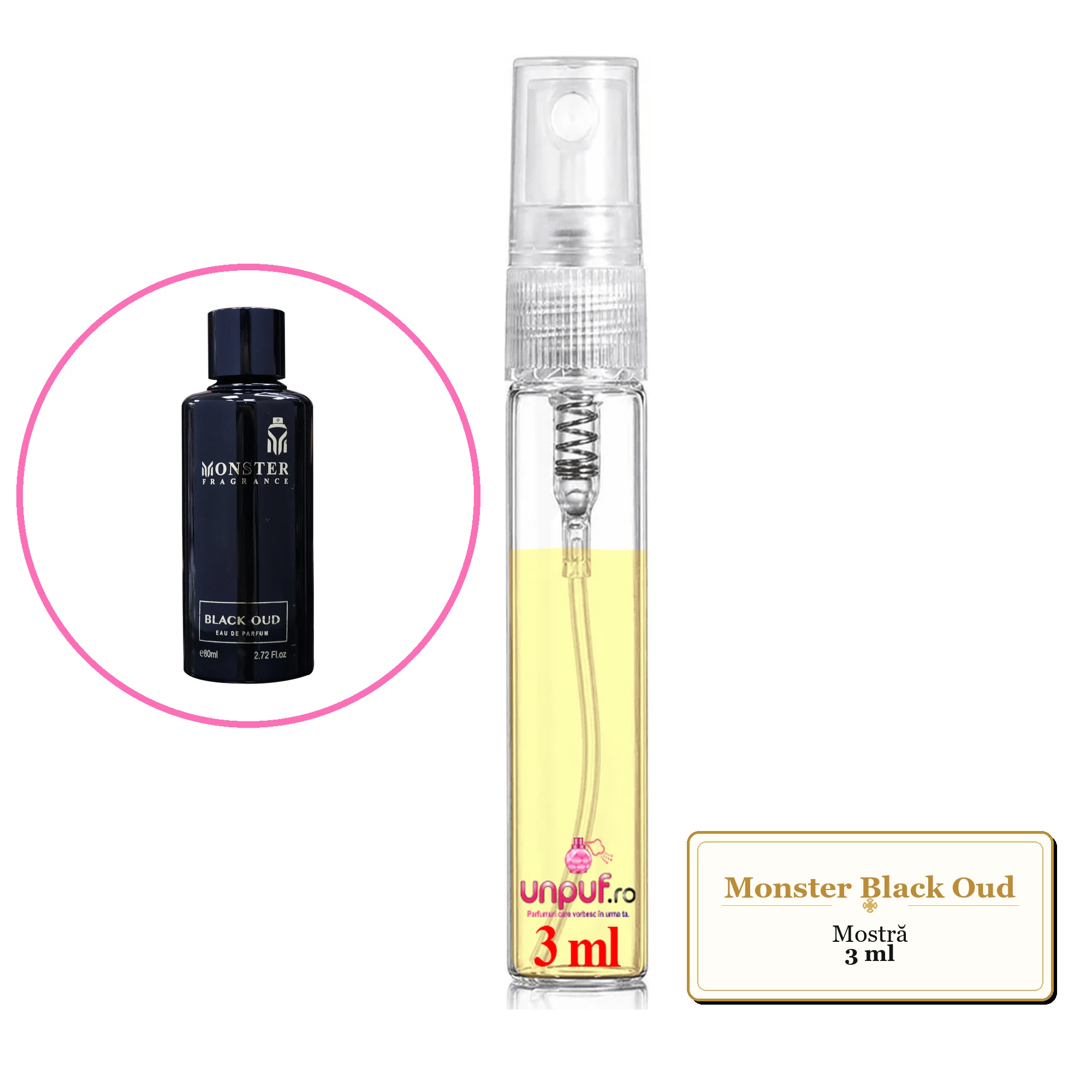Mostra fiola din Parfumul Monster Black Oud, decant sticla cu pulverizator