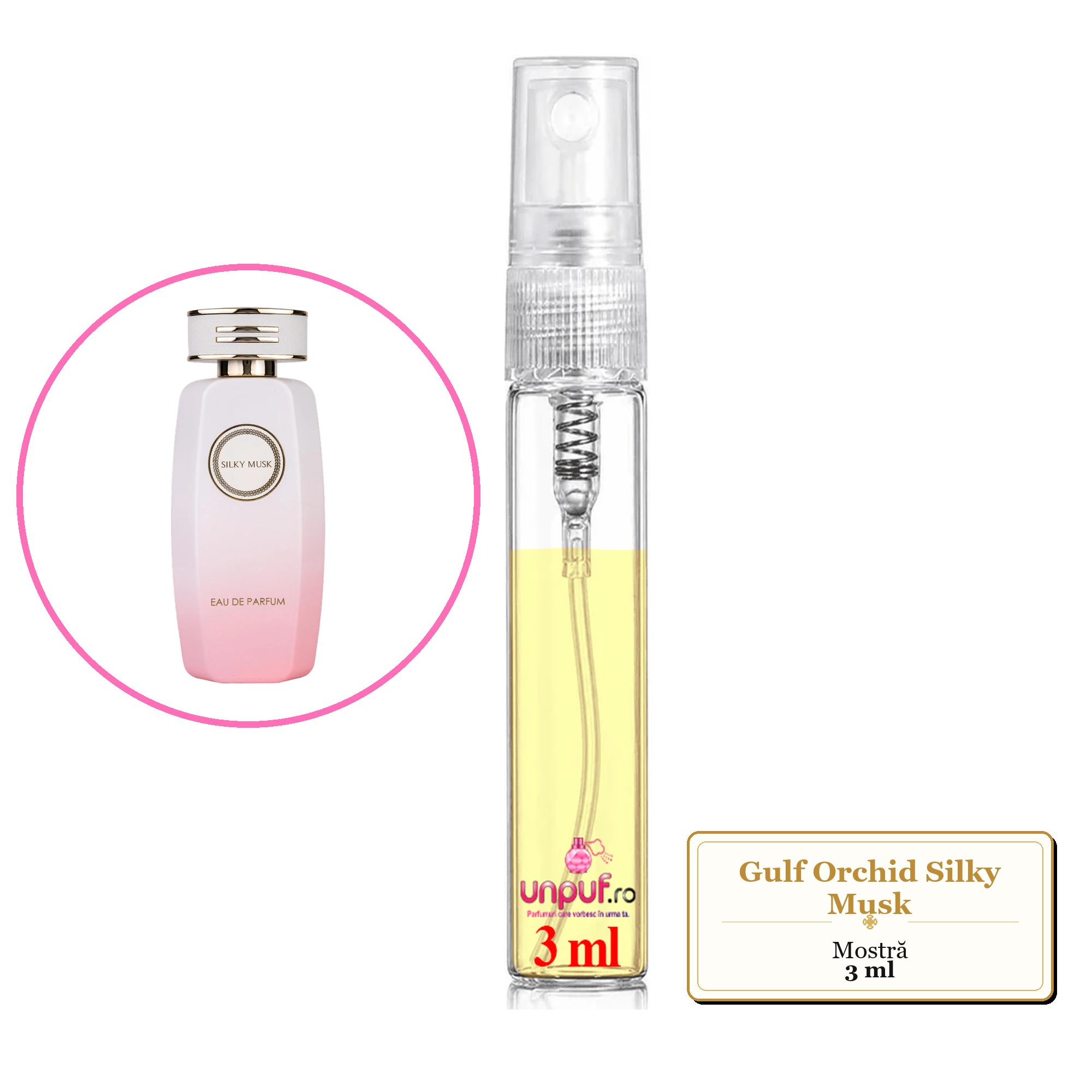 Mostra fiola din Parfumul Gulf Orchid Silky Musk, decant sticla cu pulverizator 