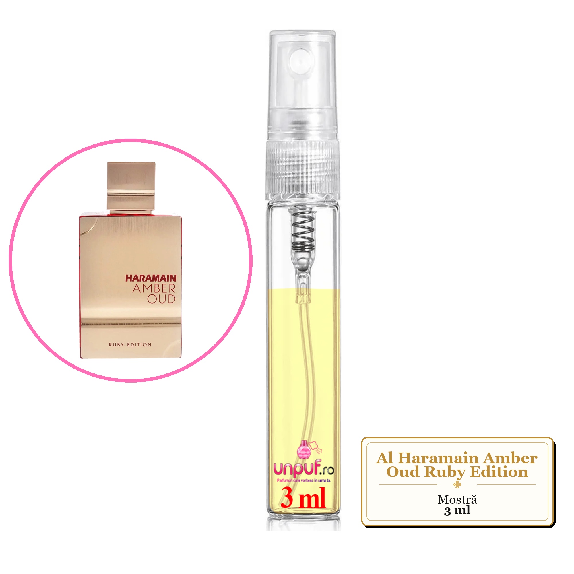 Mostra fiola din Parfumul Al Haramain Amber Oud Ruby Edition, decant sticla cu pulverizator 