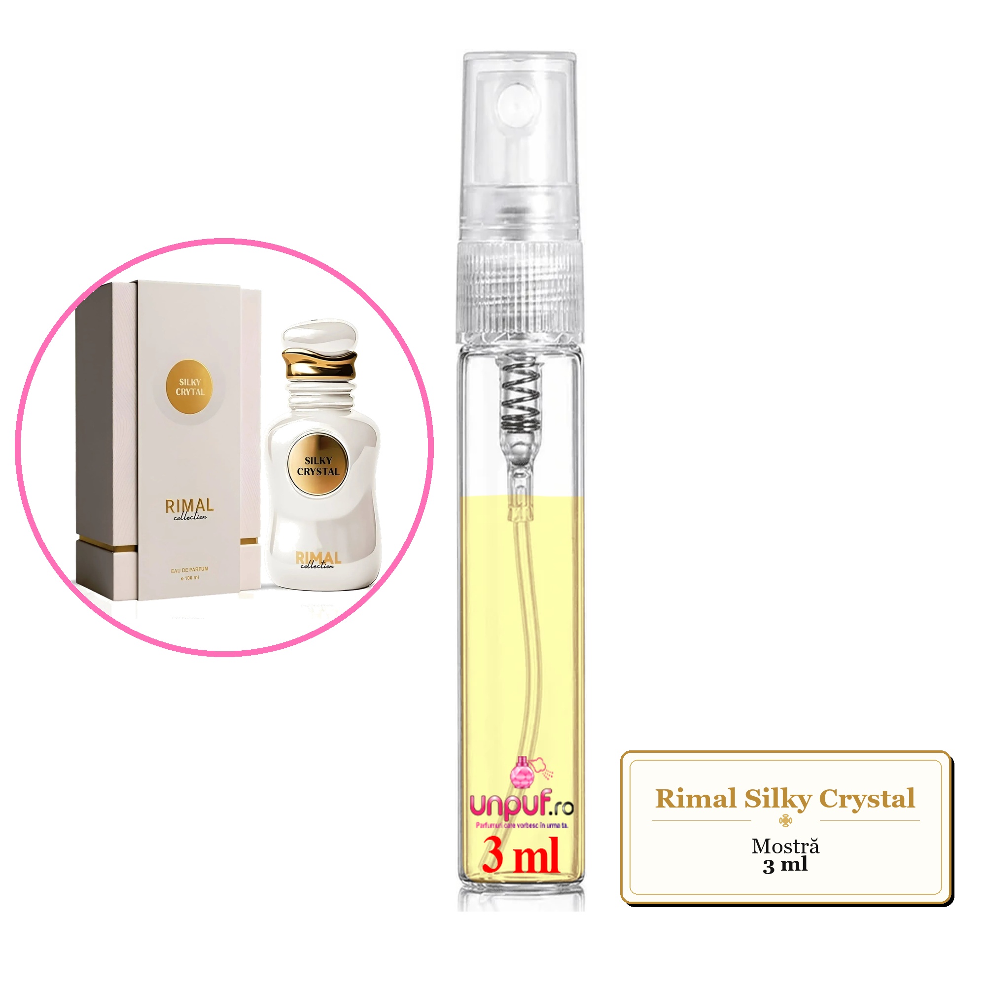Mostra fiola din Parfumul Rimal Silky Crystal, decant sticla cu pulverizator