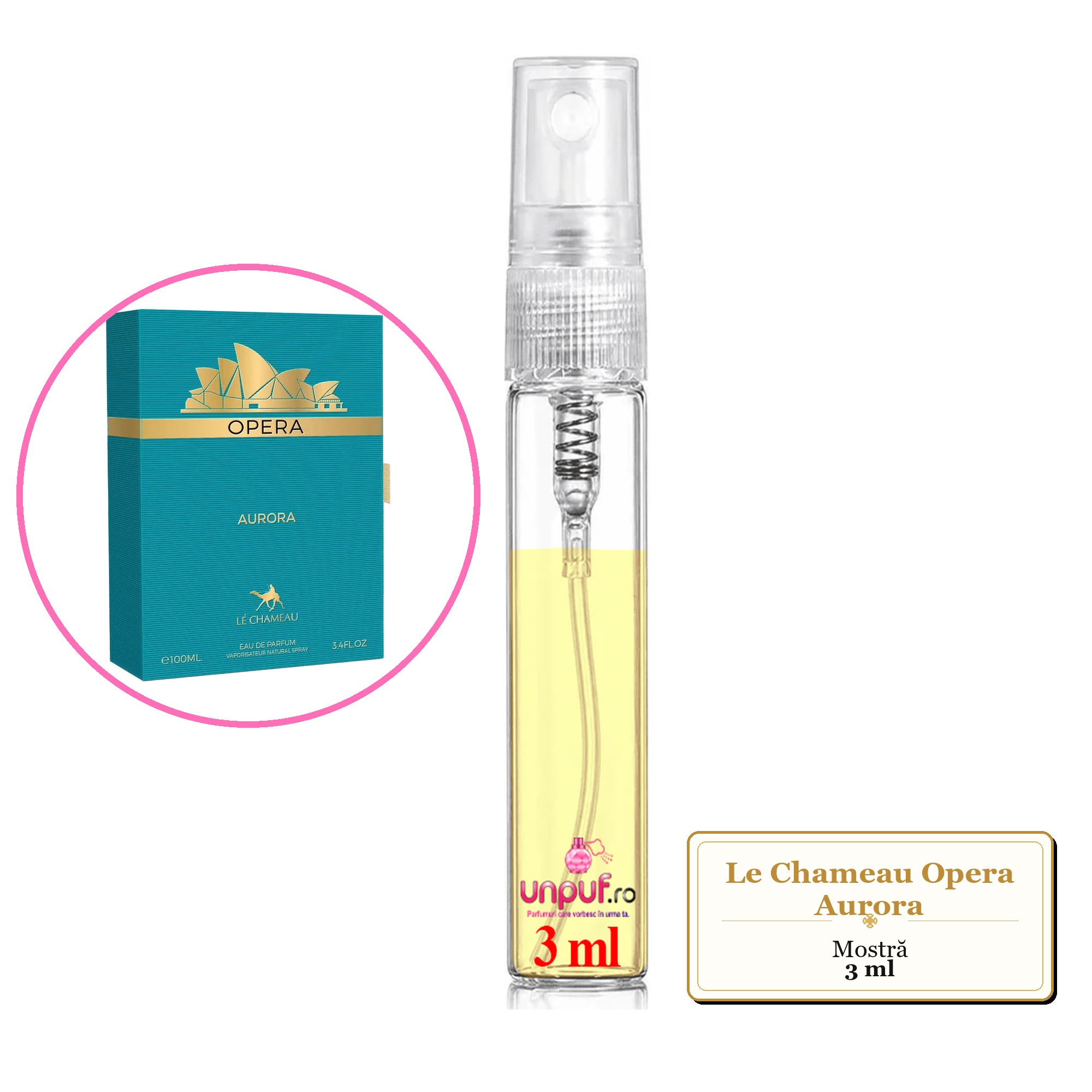 Mostra fiola din Parfumul Le Chameau Opera Aurora, decant sticla cu pulverizator 