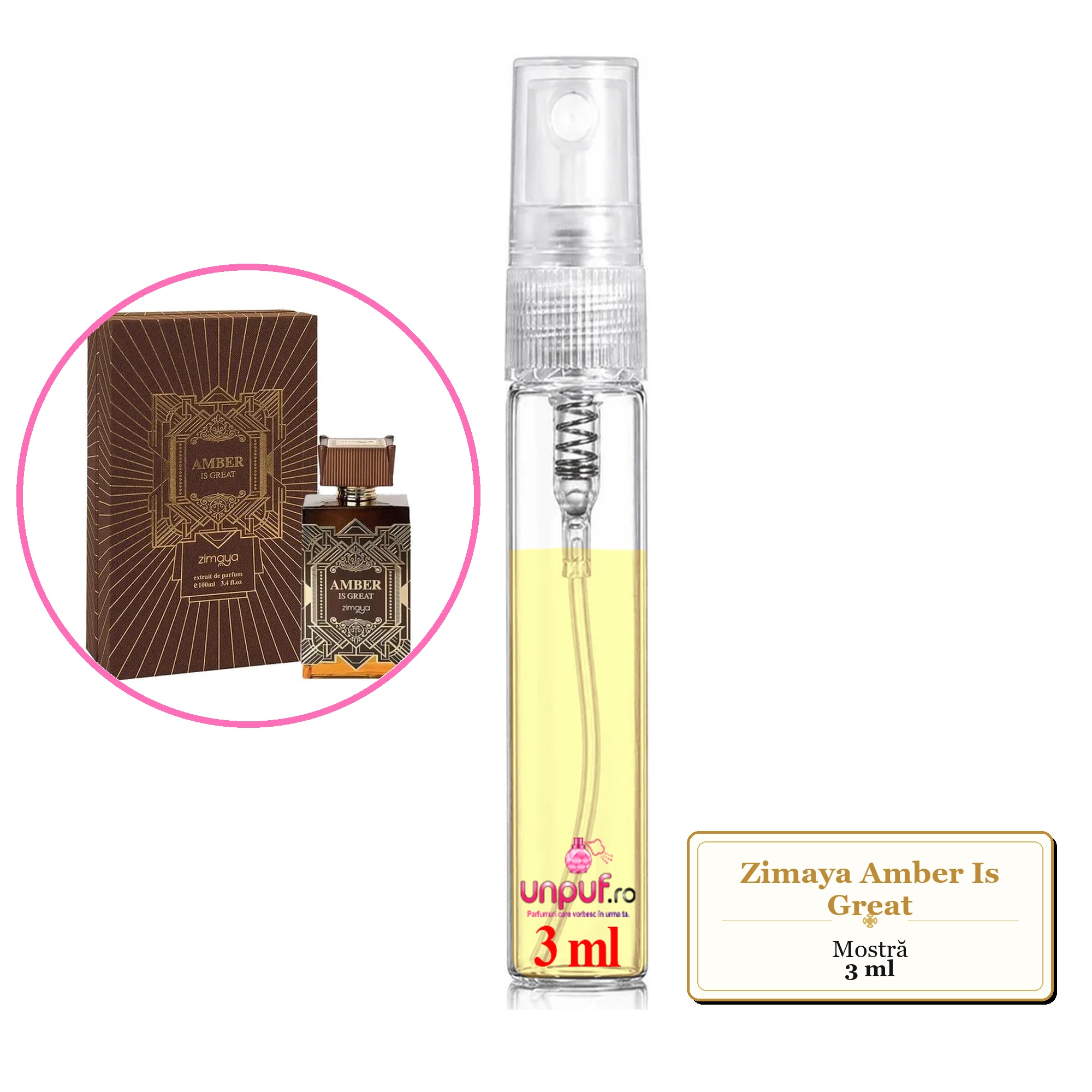 Mostra fiola din Parfumul Zimaya Amber Is Great, decant sticla cu pulverizator 