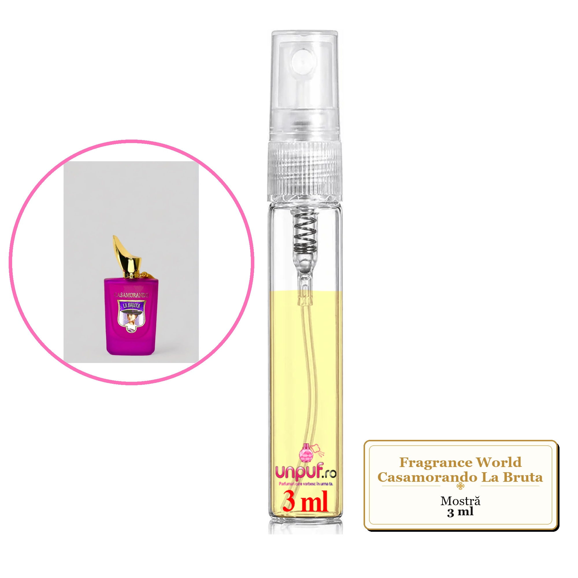 Mostra fiola din Parfumul Fragrance World Casamorando La Bruta, decant sticla cu pulverizator