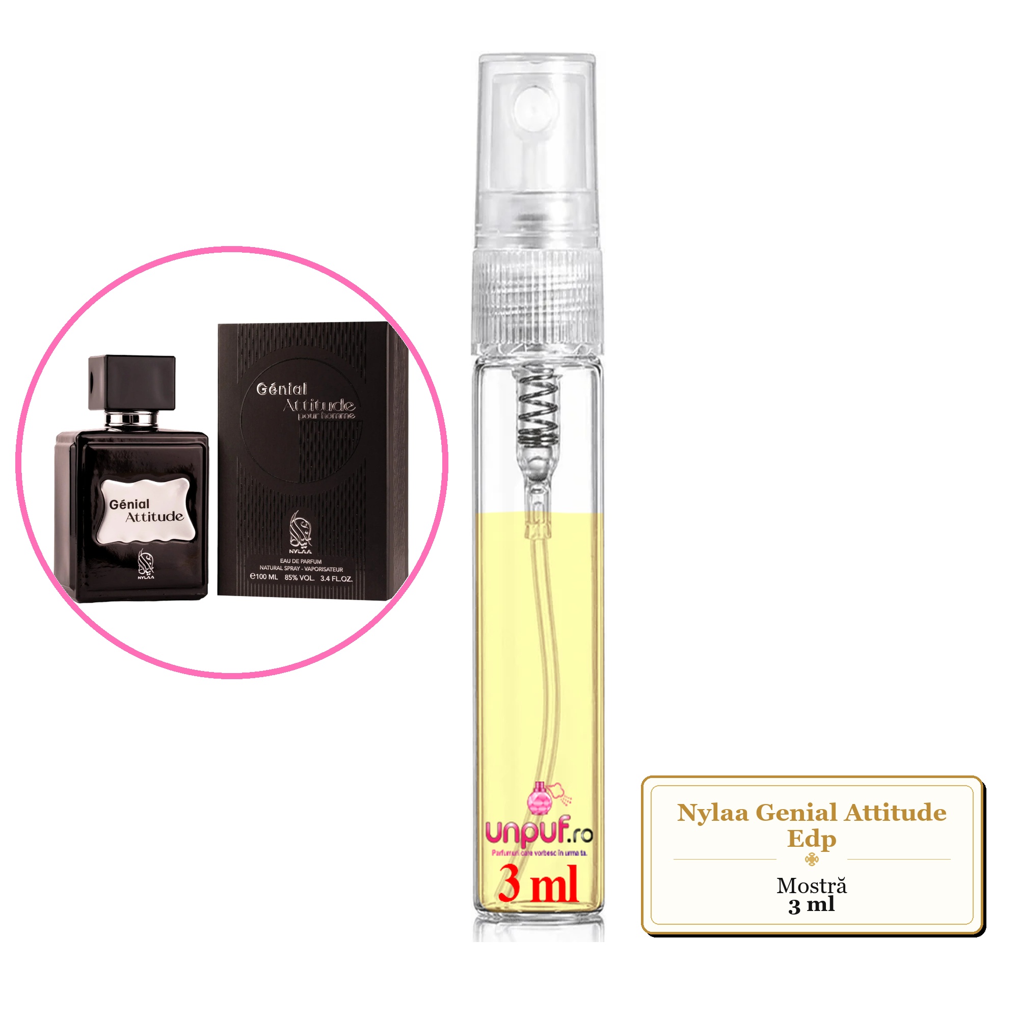 Mostra fiola din Parfumul Nylaa Genial Attitude Edp, decant sticla cu pulverizator
