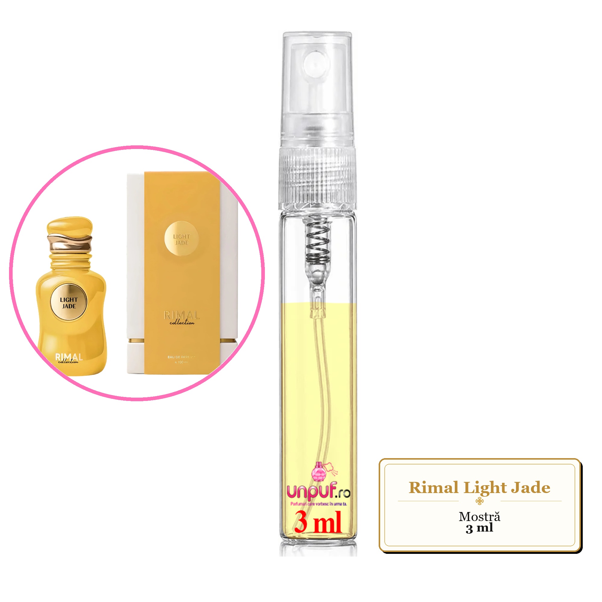 Mostra fiola din Parfumul Rimal Light Jade, decant sticla cu pulverizator 