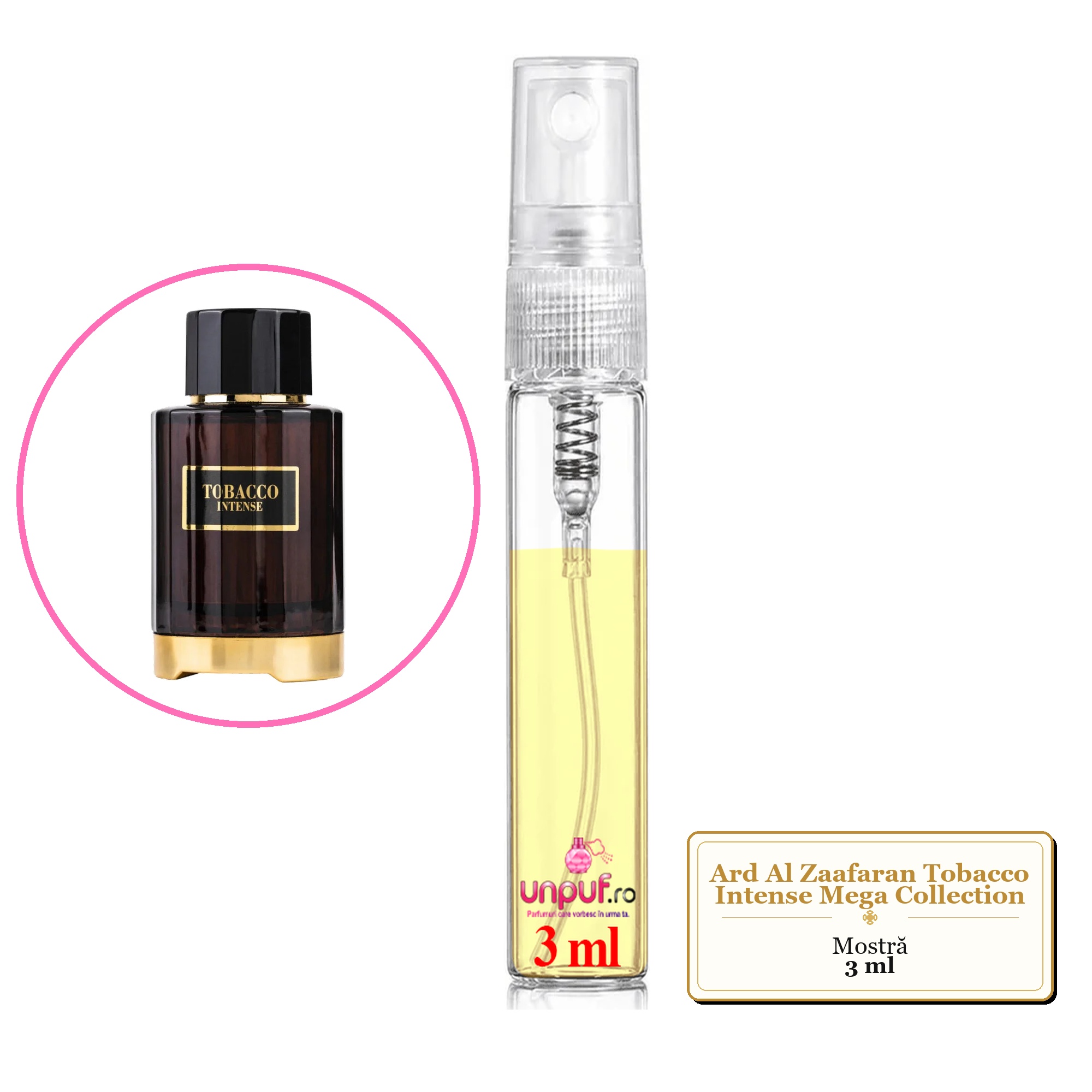 Mostra fiola din Parfumul Ard Al Zaafaran Tobacco Intense Mega Collection, decant sticla cu pulverizator 