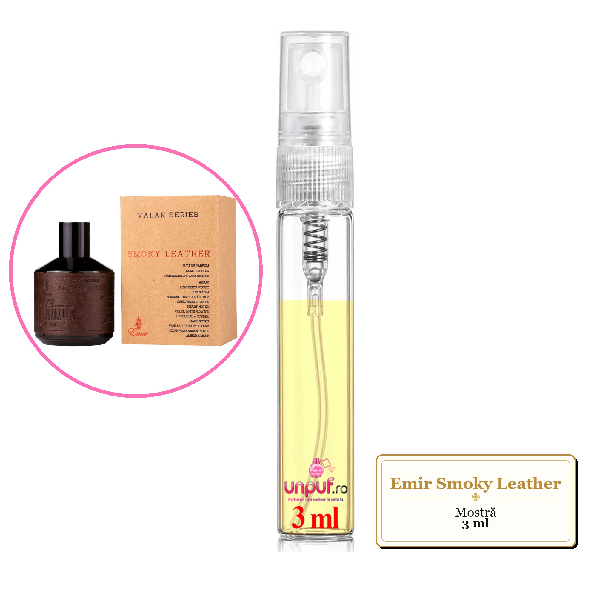 Mostra fiola din Parfumul Emir Smoky Leather, decant sticla cu pulverizator 