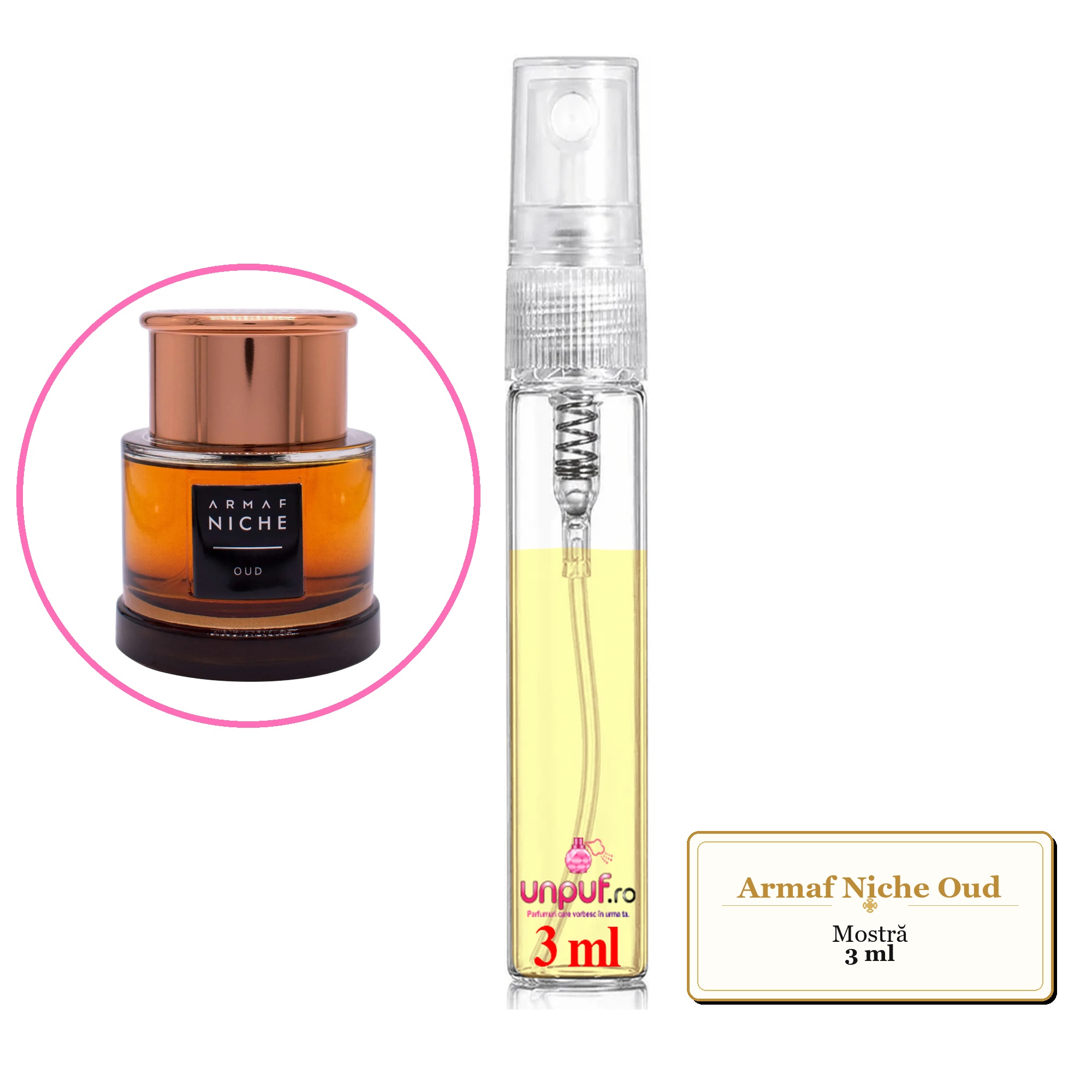 Mostra fiola din Parfumul Armaf Niche Oud, decant sticla cu pulverizator 