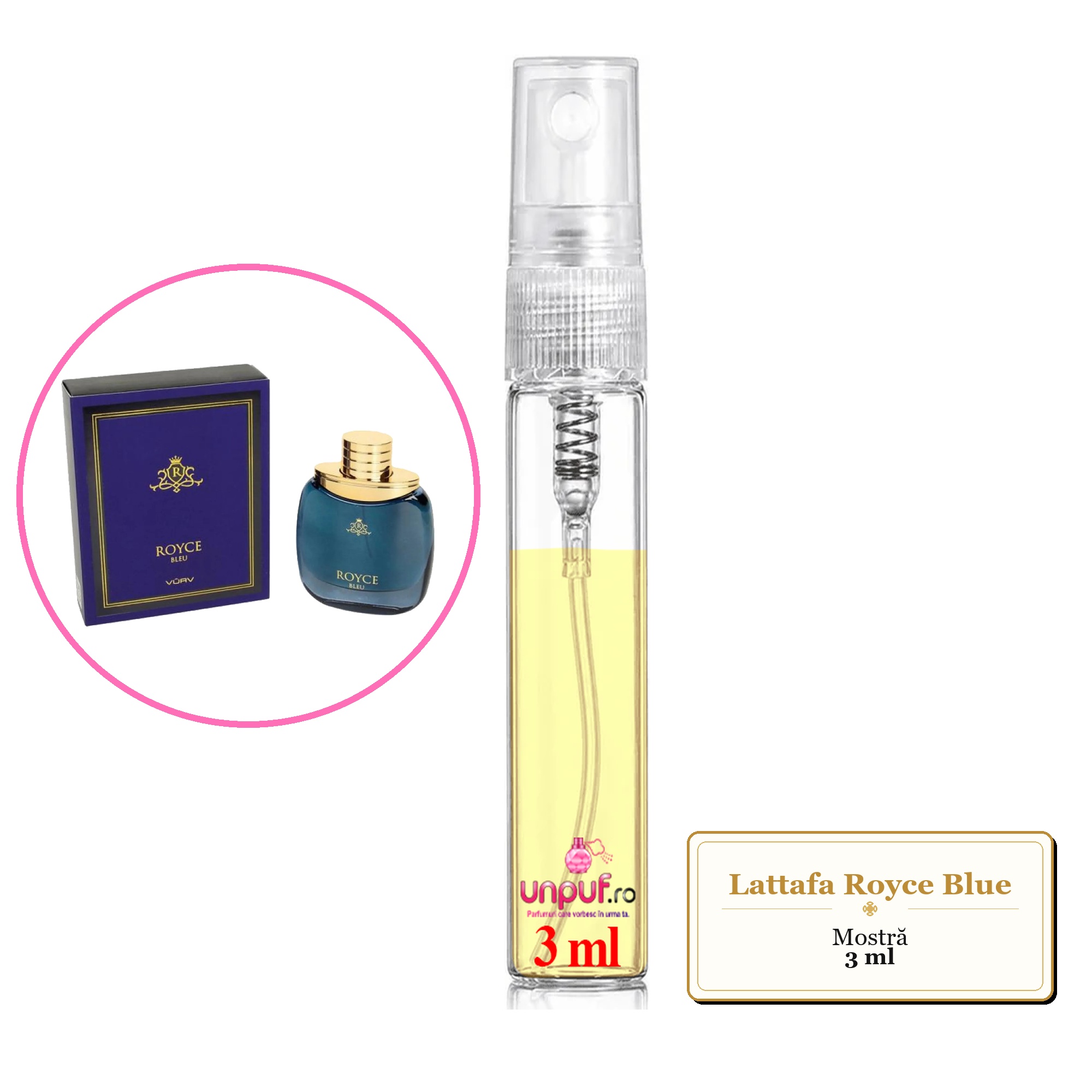 Mostra fiola din Parfumul Lattafa Royce Blue, decant sticla cu pulverizator