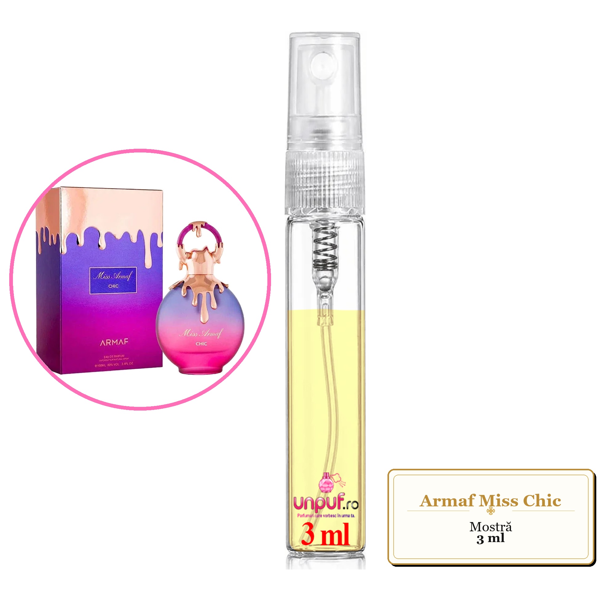 Mostra fiola din Parfumul Armaf Miss Chic, decant sticla cu pulverizator 