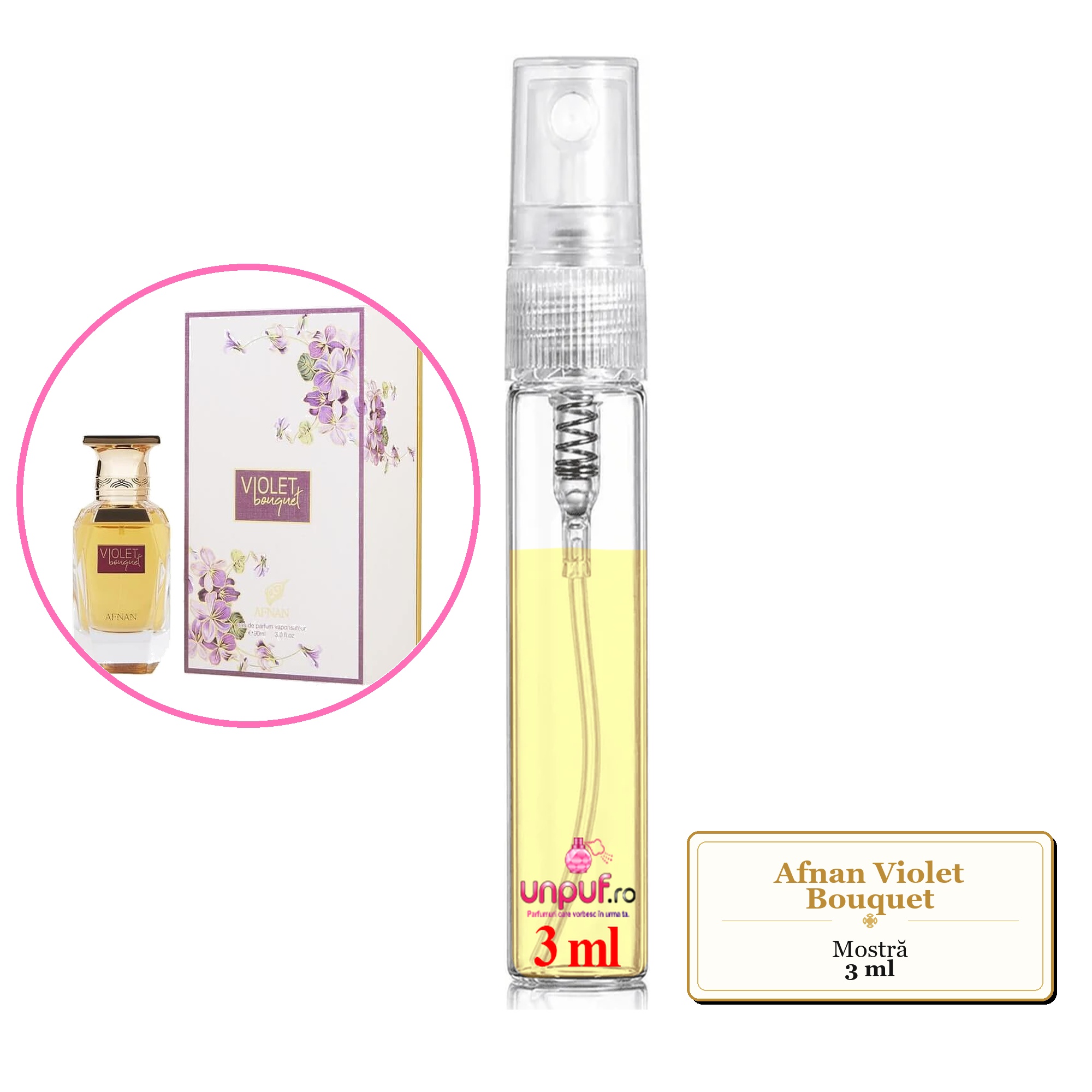 Mostra fiola din Parfumul Afnan Violet Bouquet, decant sticla cu pulverizator 