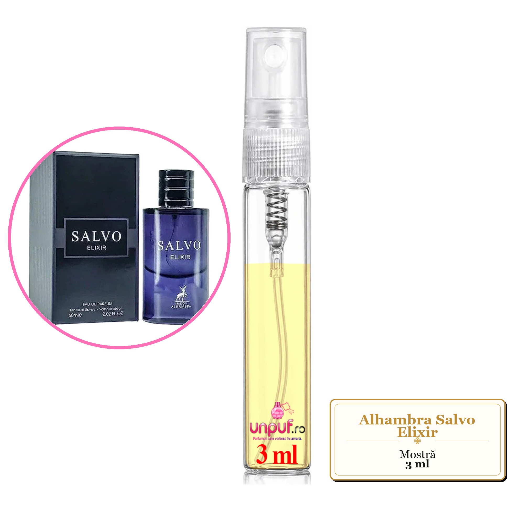 Mostra fiola din Parfumul Alhambra Salvo Elixir, decant sticla cu pulverizator