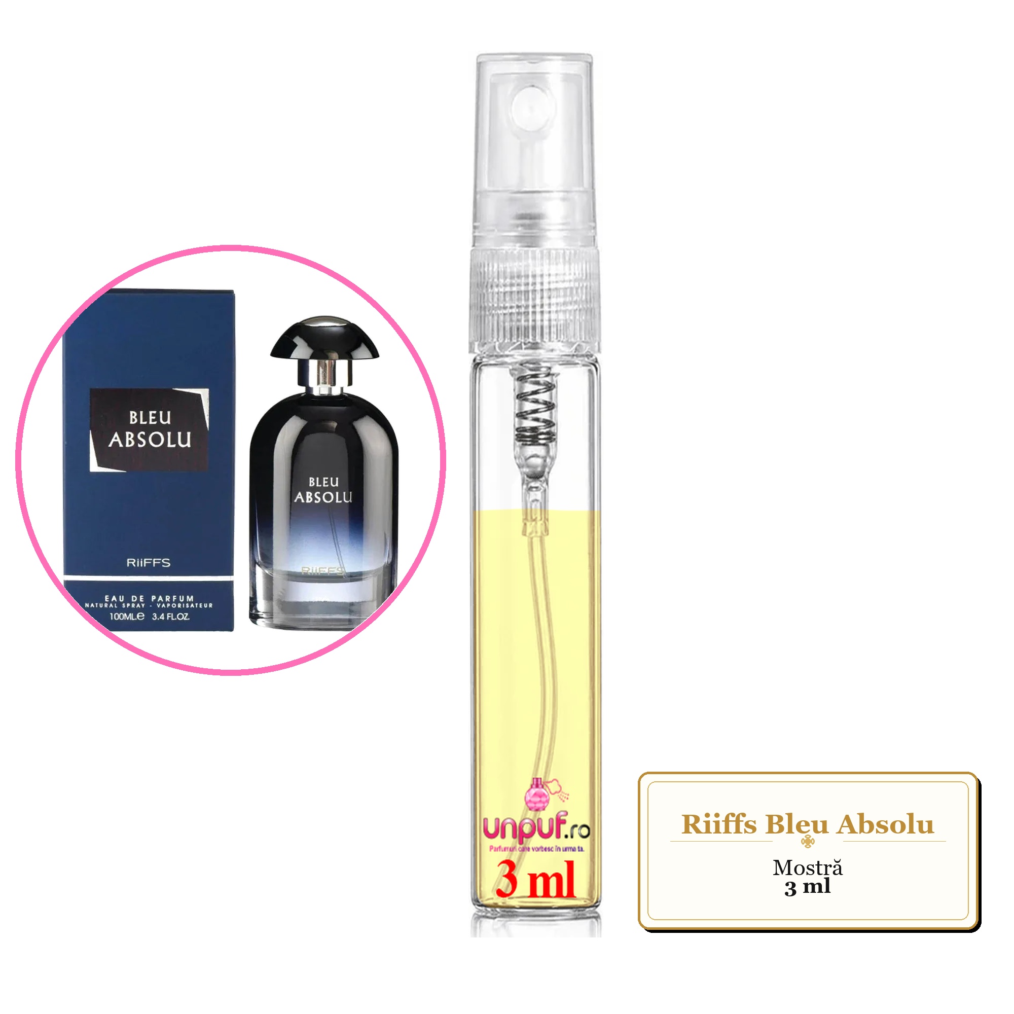 Mostra fiola din Parfumul Riiffs Bleu Absolu, decant sticla cu pulverizator
